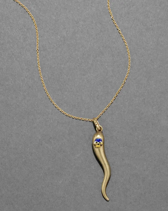 Antique Early 1900s 14k Gold Italian Horn with Enamel Pansy Pendant Necklace sold by Alexis Bittar
