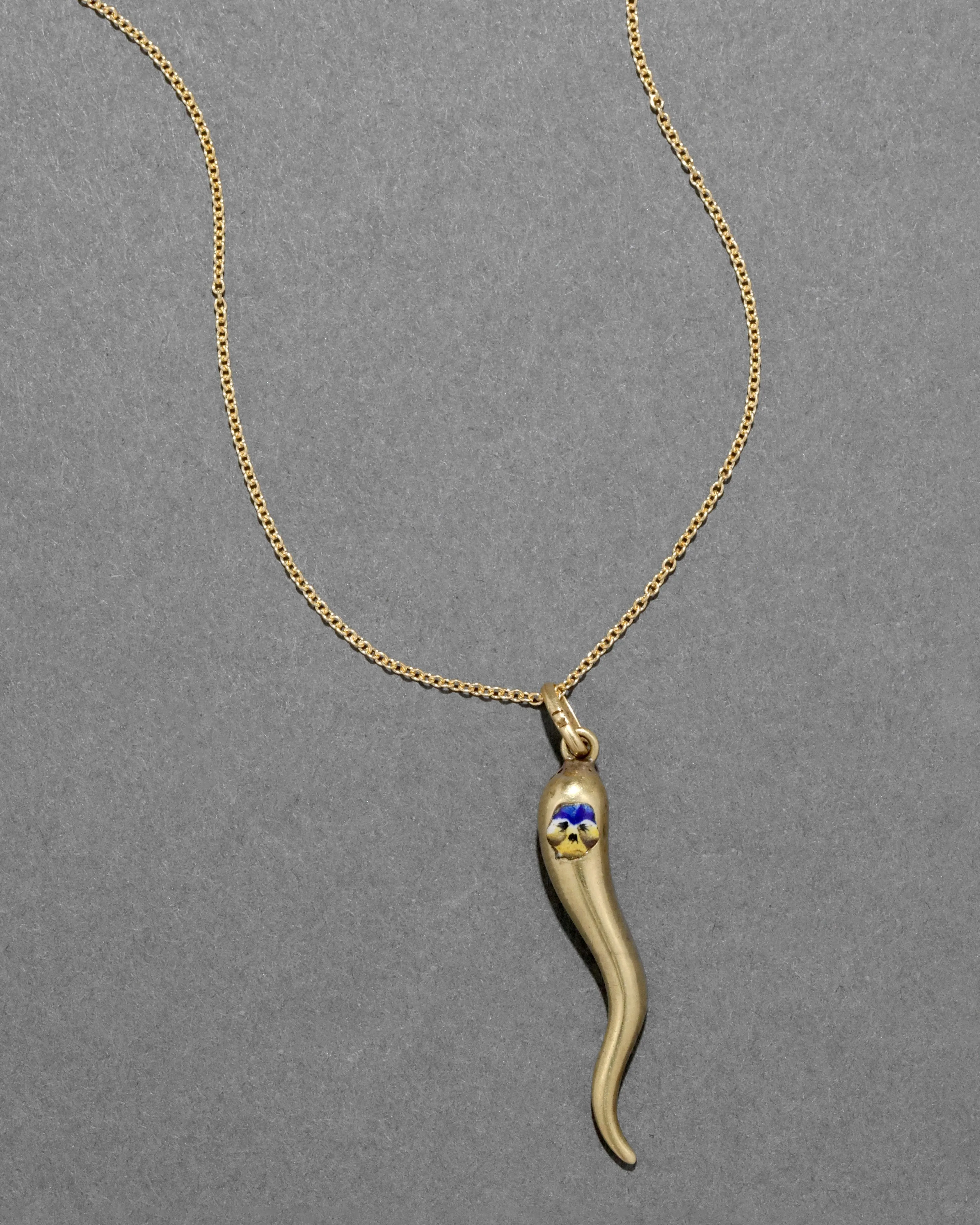 Antique Early 1900s 14k Gold Italian Horn with Enamel Pansy Pendant Necklace sold by Alexis Bittar