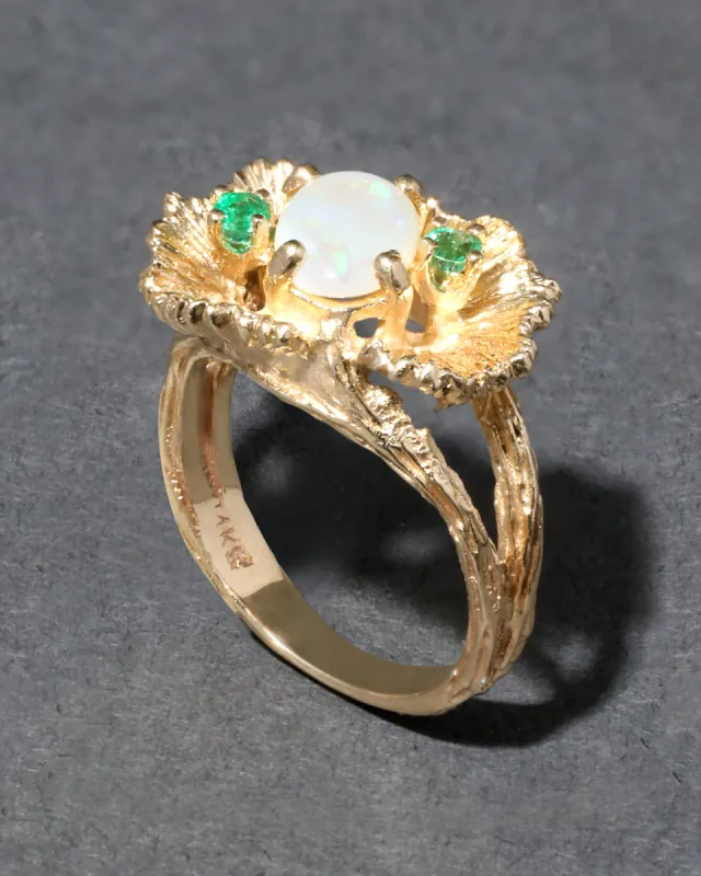 Vintage 1960s 14k Gold & Opal & Emerald Etched Flower Bud Ring sold by Alexis Bittar