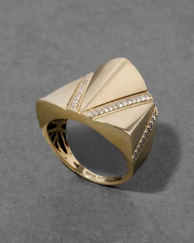Vintage 1970s 14k Gold Geometric 3D Design with Pave Diamond Row Ring sold by Alexis Bittar