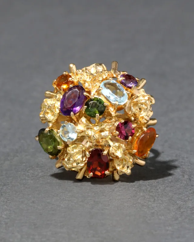 Vintage 1970s 18k Gold Brutalist Sputnik Cocktail Ring with Multicolor Topaz, Spinel, & Amethyst sold by Alexis Bittar