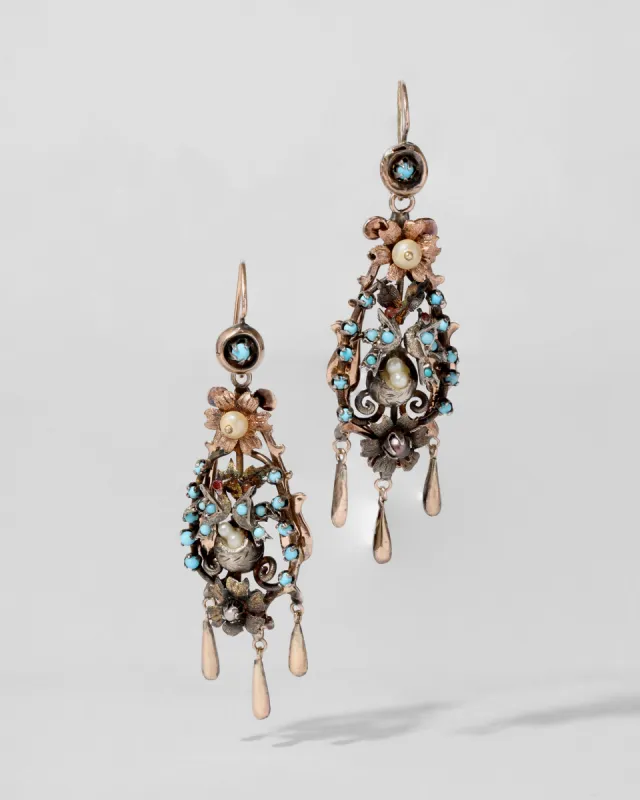 Antique 1800s 8k Gold & Sterling Silver Birds Nest with Persian Turquoise & Natural Pearl Wire Earring sold by Alexis Bittar