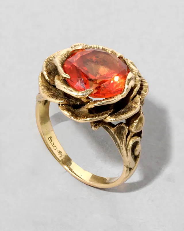 Antique 1920s 14k Gold & Manmade Orange Sapphire Hand Etched Flower Bud Ring sold by Alexis Bittar