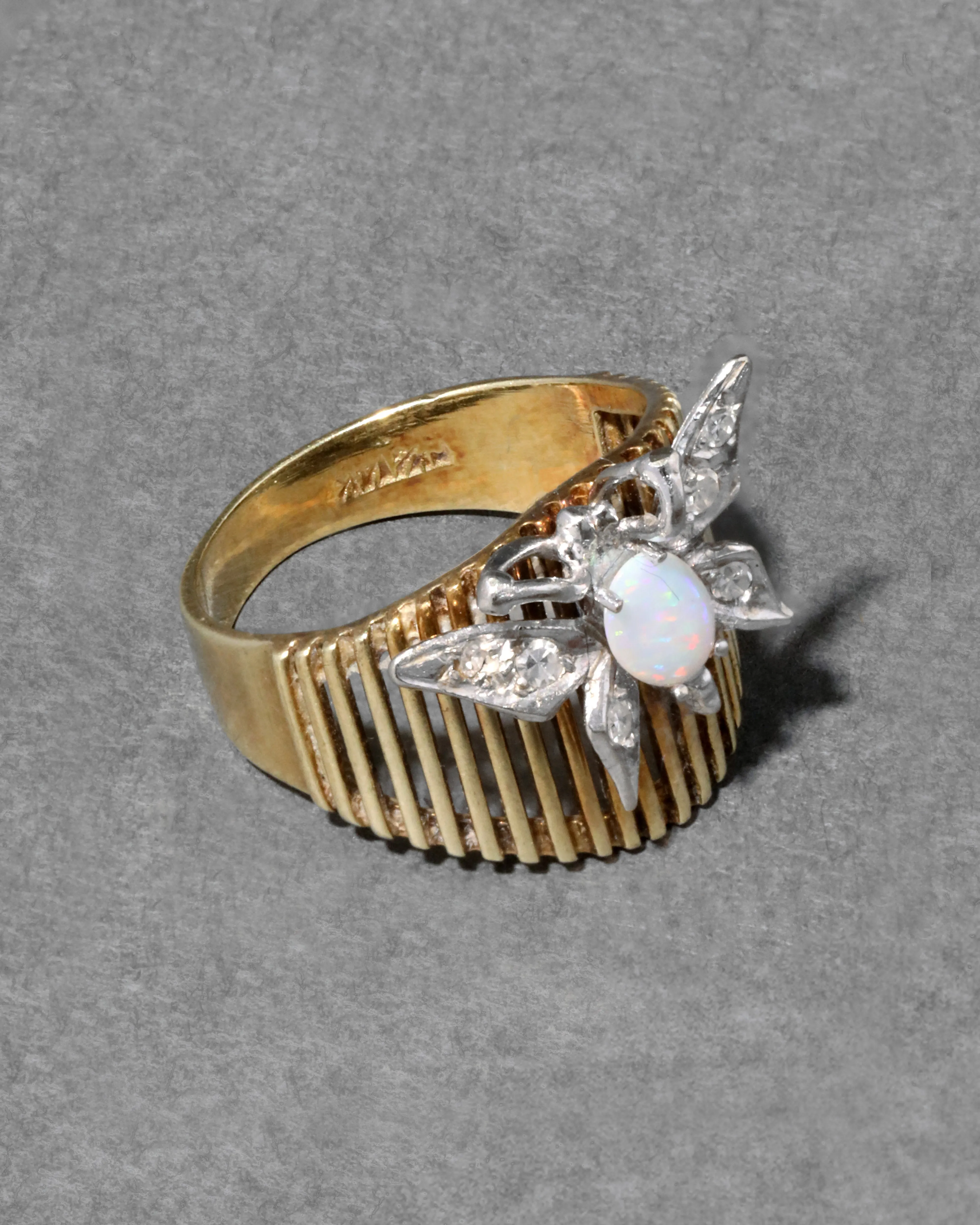 Vintage 1950s 14k Gold & Platinum Butterfly Ring with Opal & Diamond sold by Alexis Bittar product image thumbnail 2