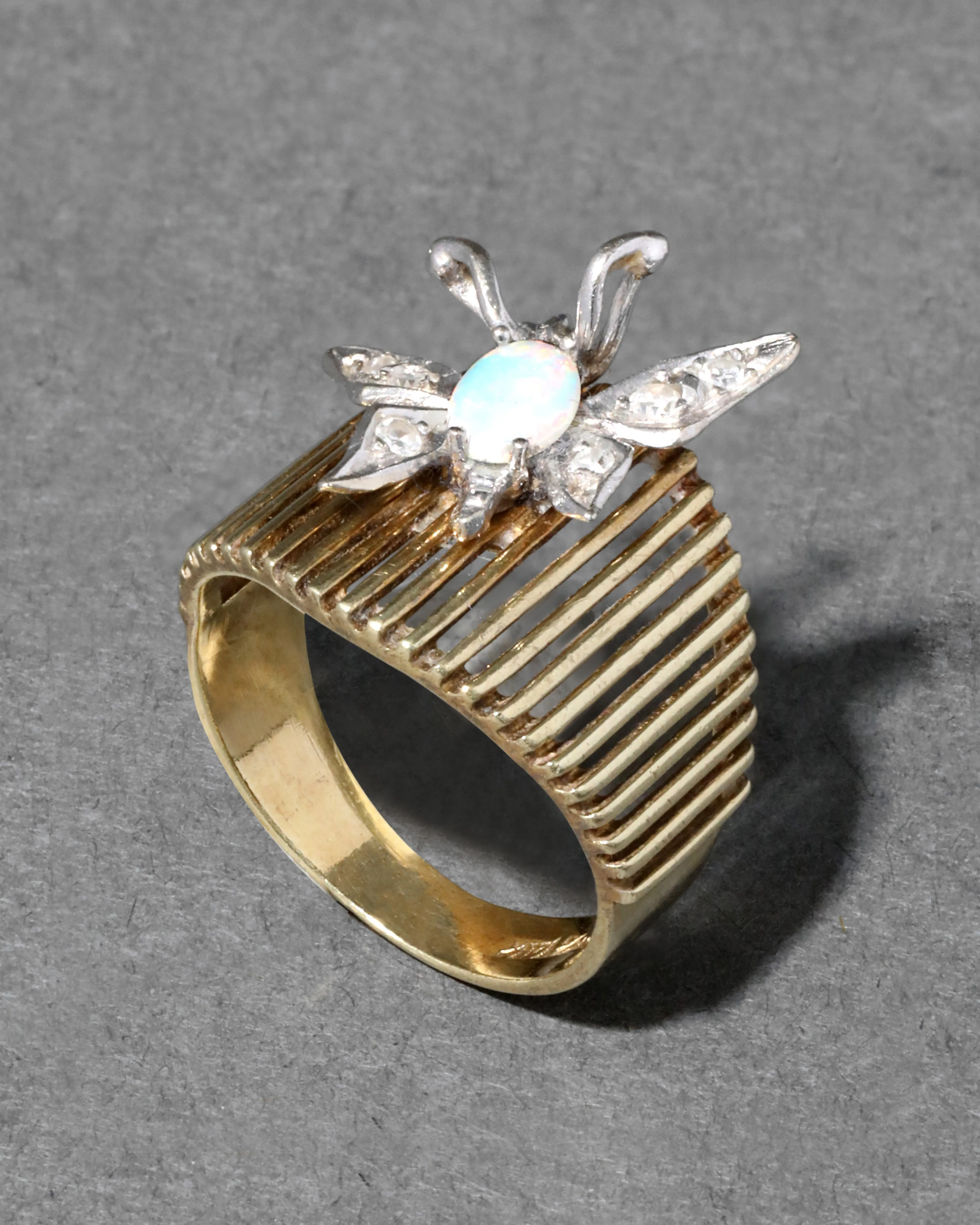 Vintage 1950s 14k Gold & Platinum Butterfly Ring with Opal & Diamond sold by Alexis Bittar