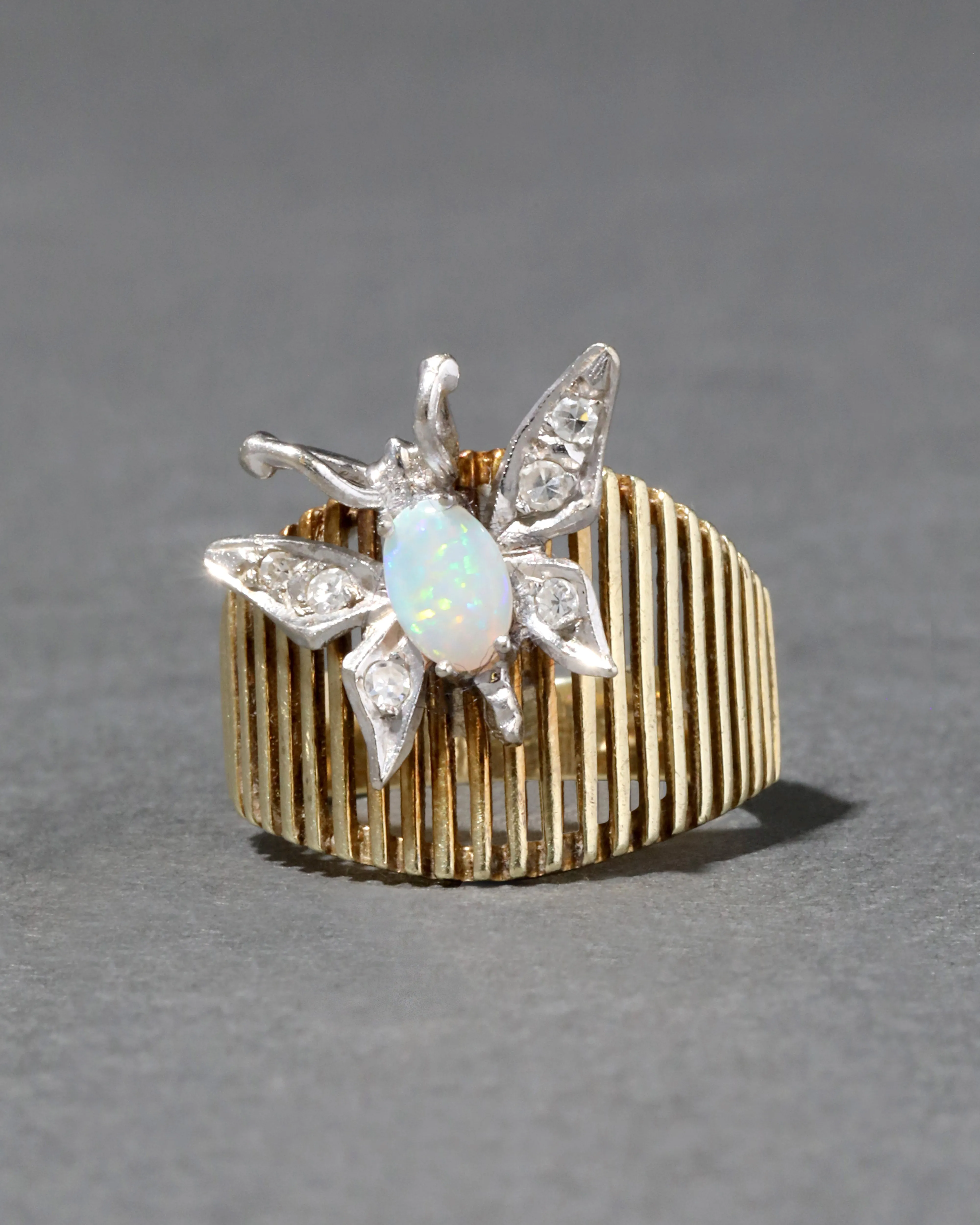 Vintage 1950s 14k Gold & Platinum Butterfly Ring with Opal & Diamond sold by Alexis Bittar product image thumbnail 3