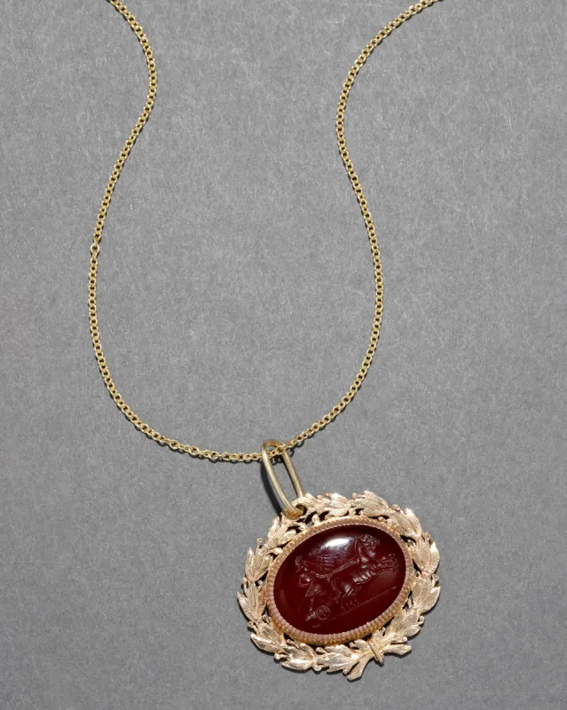 Antique 1800s 14k Gold & Carnelian Italian Intaglio Chariot Pendant Necklace sold by Alexis Bittar