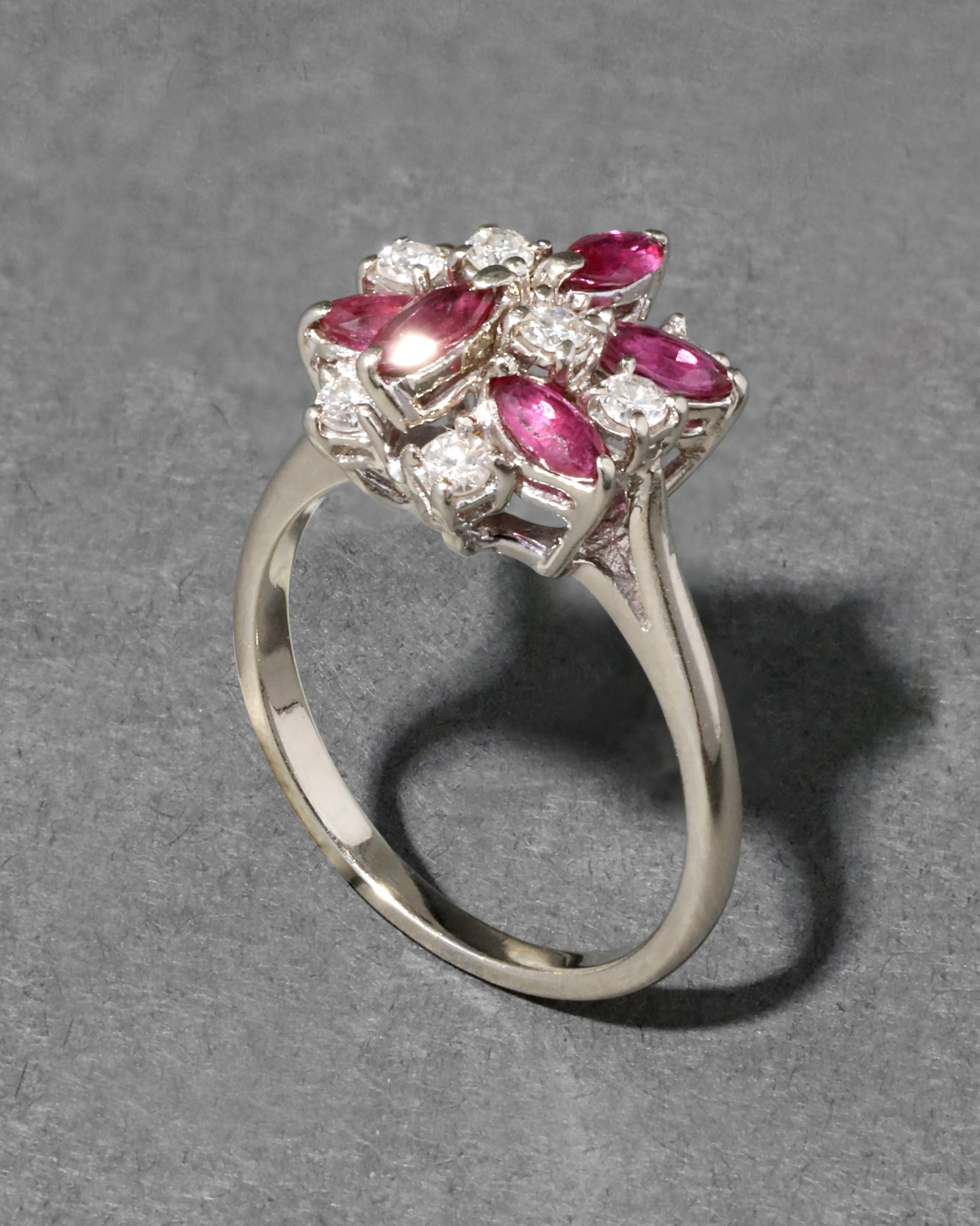 Vintage 1950s 14k White Gold Ruby & Diamond Flower Cluster Ring sold by Alexis Bittar