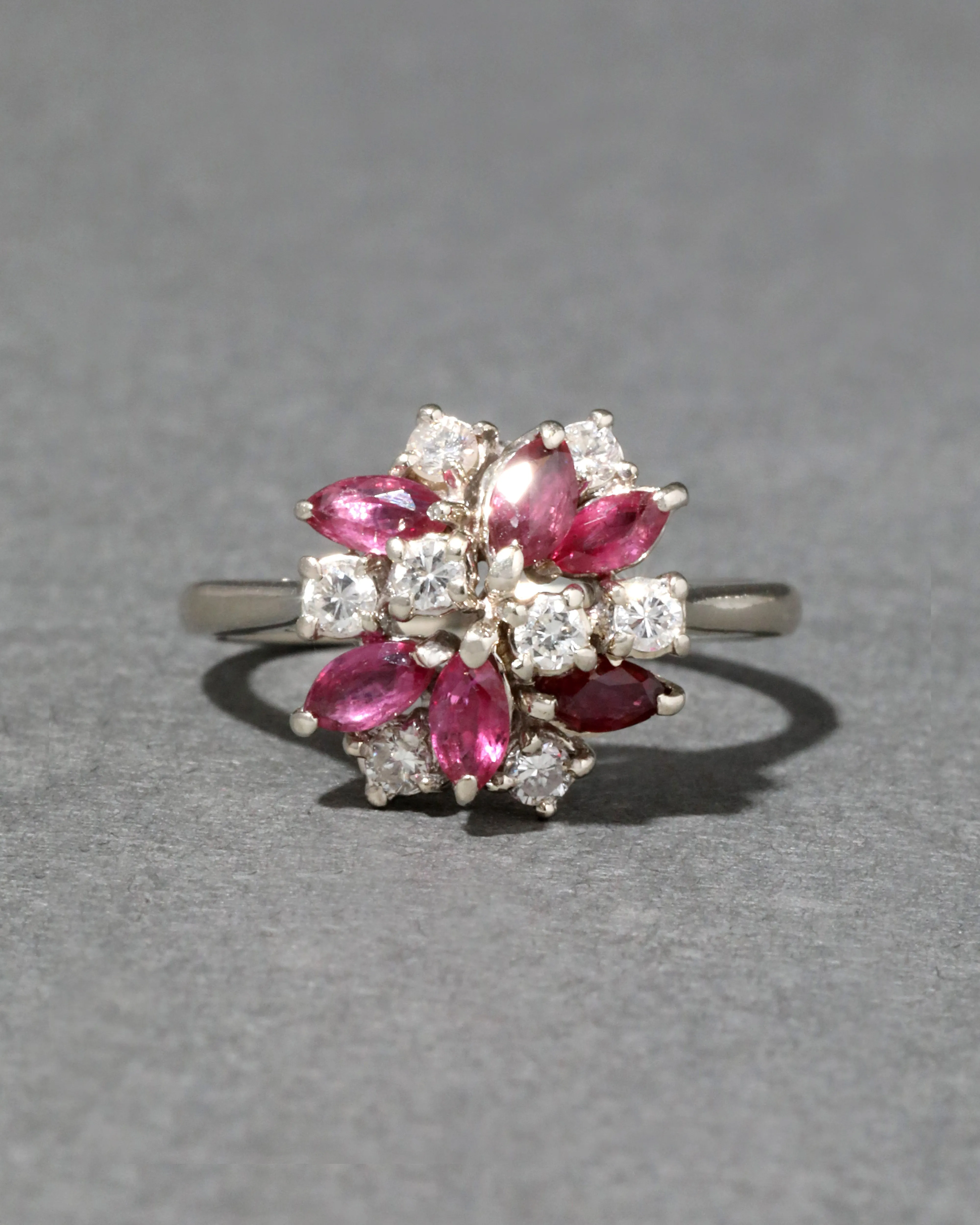 Vintage 1950s 14k White Gold Ruby & Diamond Flower Cluster Ring sold by Alexis Bittar product image thumbnail 2