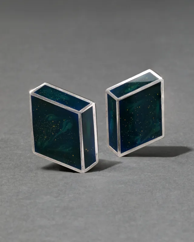 Vintage 1980s Sterling Silver Geometric Enamel Clip Earring made by Alexis Bittar