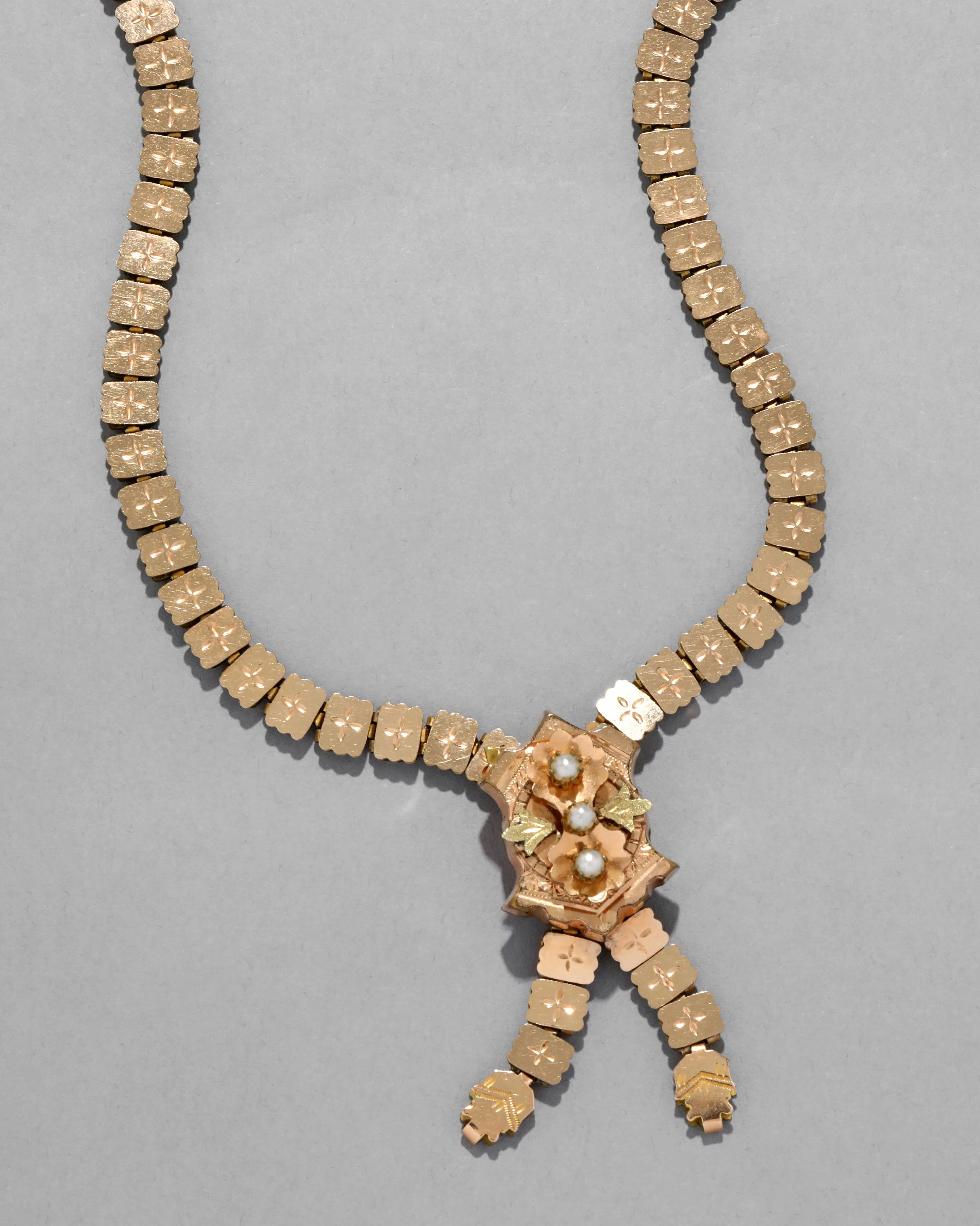 Antique 1800s 14k Gold FIll Hand Etched Layered Link Chain Necklace with Ornate Pendant Closure sold by Alexis Bittar