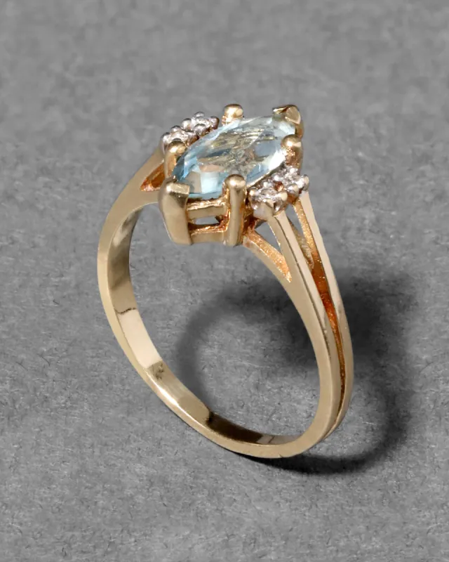 Vintage 1950s 14k Gold Cathedral Setting Custom Cut Aquamarine Ring with Diamond Accents sold by Alexis Bittar