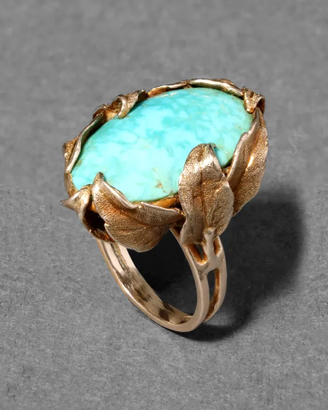 Vintage 1940s 10k Gold Leaf Bezel Set Turquoise Ring sold by Alexis Bittar