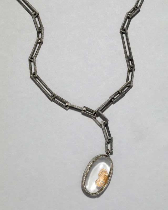 Archive Custom Made Sterling Silver Link Necklace with an Encased Butterfly Wing and Crystal made by Alexis Bittar