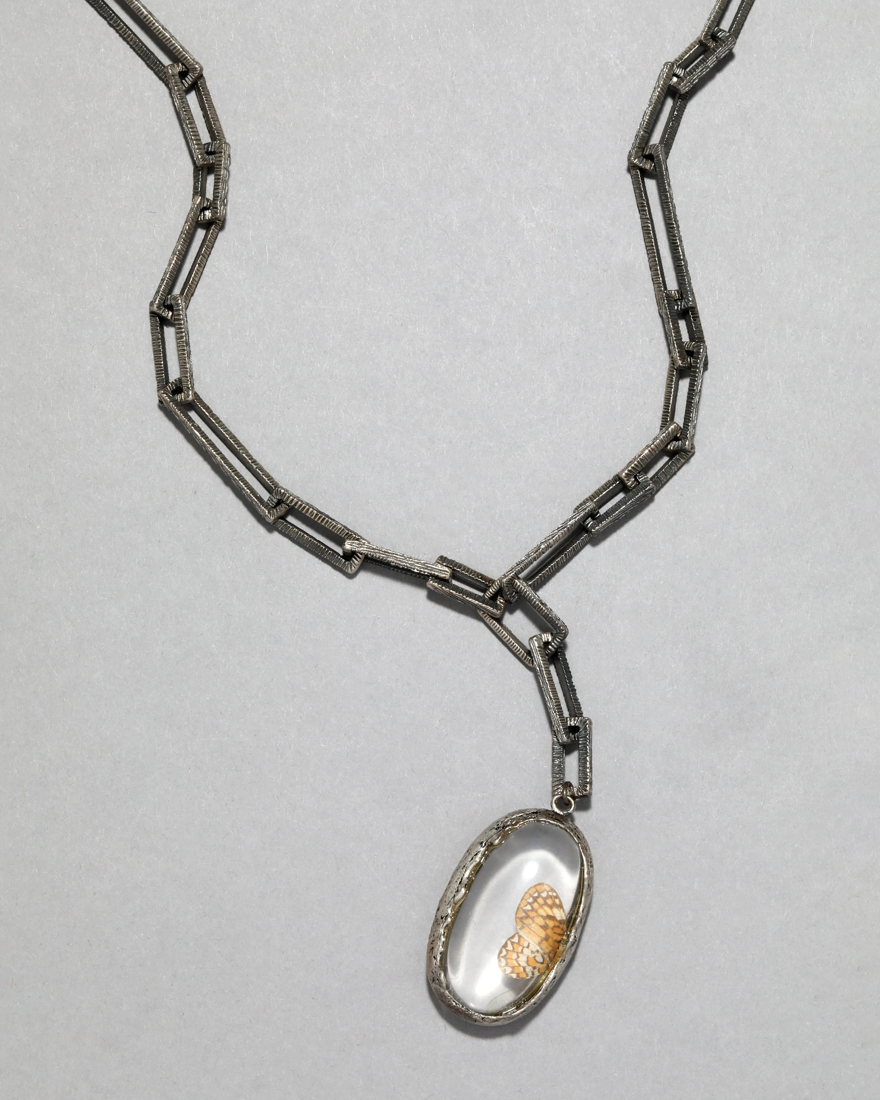 Archive Custom Made Sterling Silver Link Necklace with an Encased Butterfly Wing and Crystal sold by Alexis Bittar