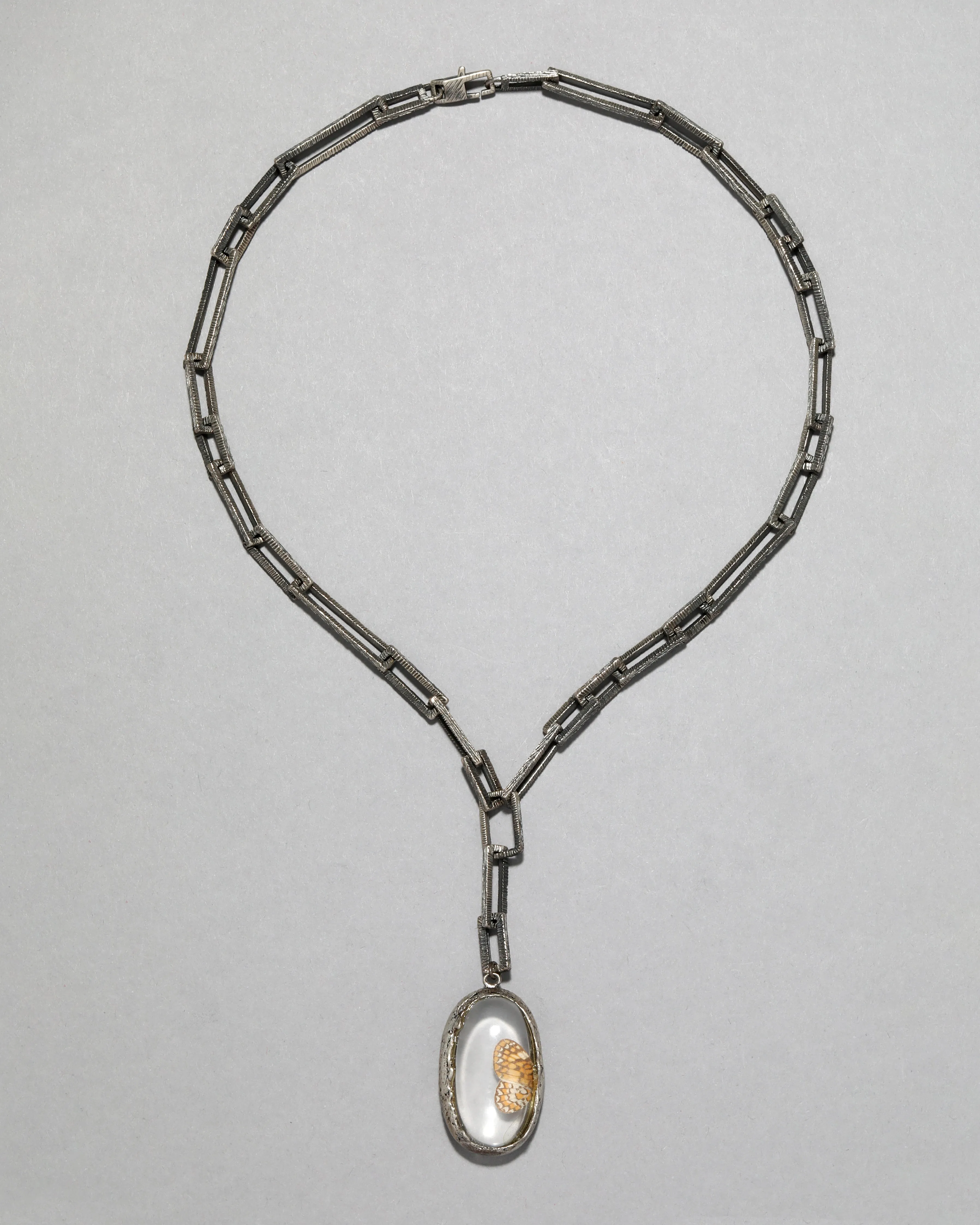 Archive Custom Made Sterling Silver Link Necklace with an Encased Butterfly Wing and Crystal sold by Alexis Bittar product image thumbnail 2