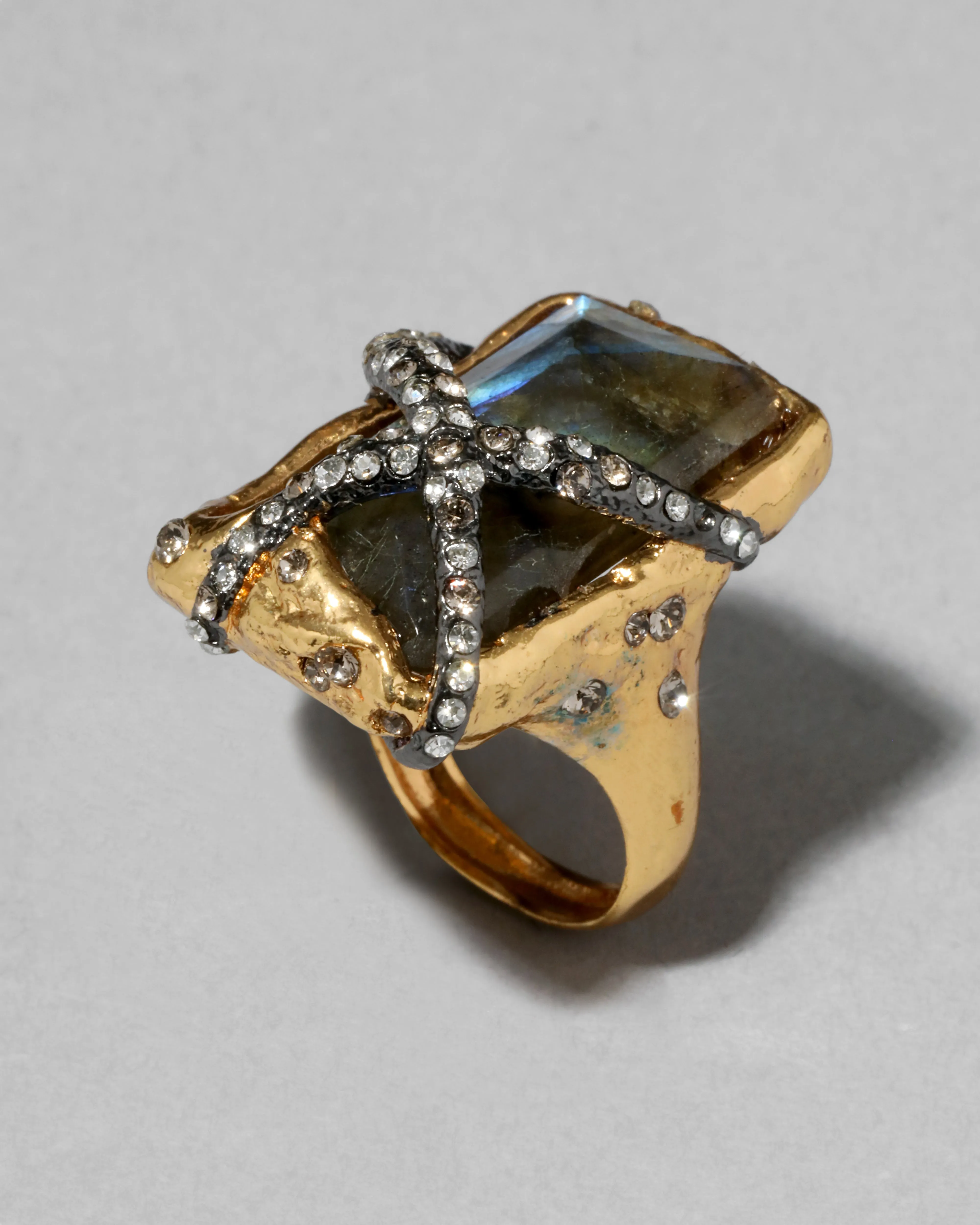Archive Crystal Encrusted Labadorite Criss Cross Stone Cocktail Ring sold by Alexis Bittar