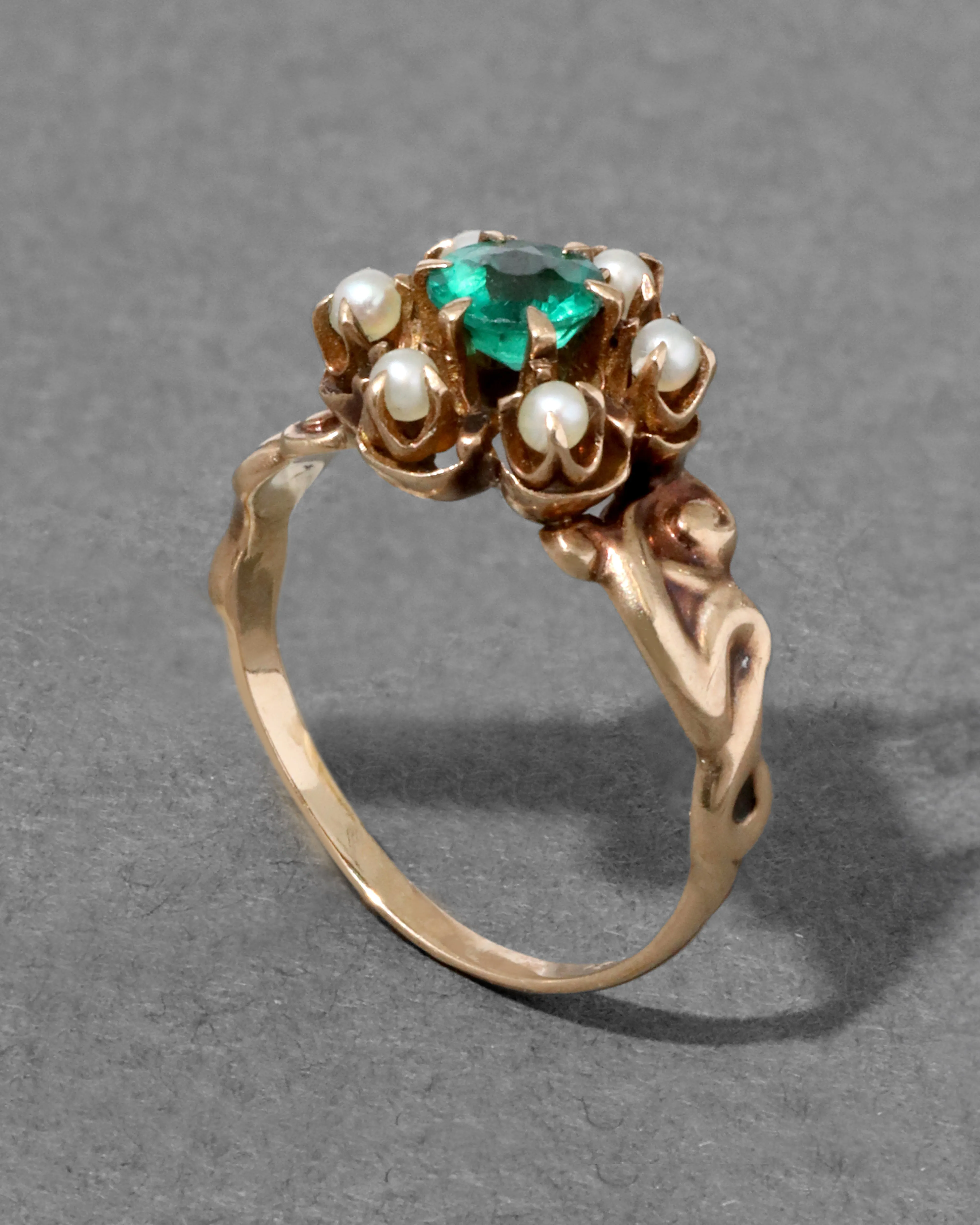 Antique Pearl Halo Emerald Ring in 14k Gold sold by Alexis Bittar