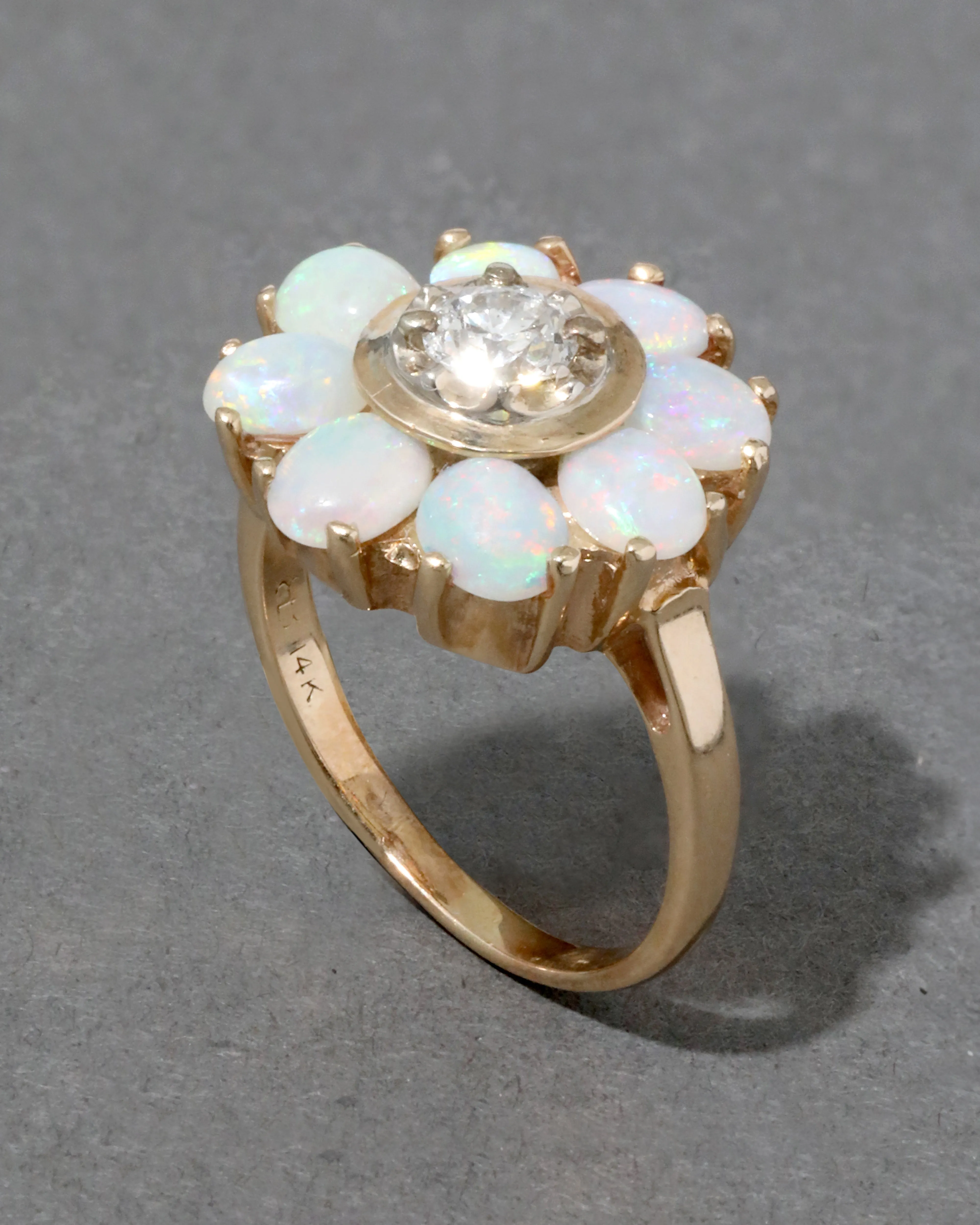 Vintage 1950s 14k Gold with Opal Cabachon & Diamond Flower Ring sold by Alexis Bittar product image thumbnail 2