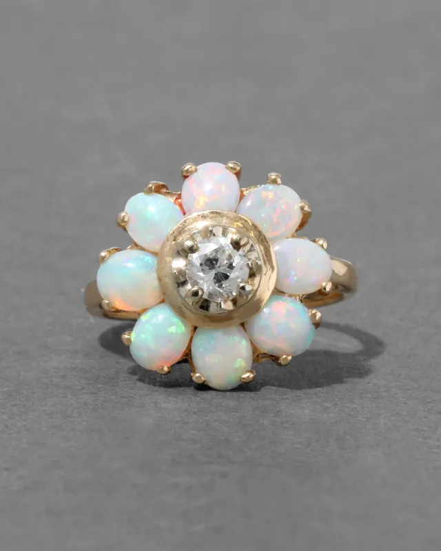 Vintage 1950s 14k Gold with Opal Cabachon & Diamond Flower Ring sold by Alexis Bittar