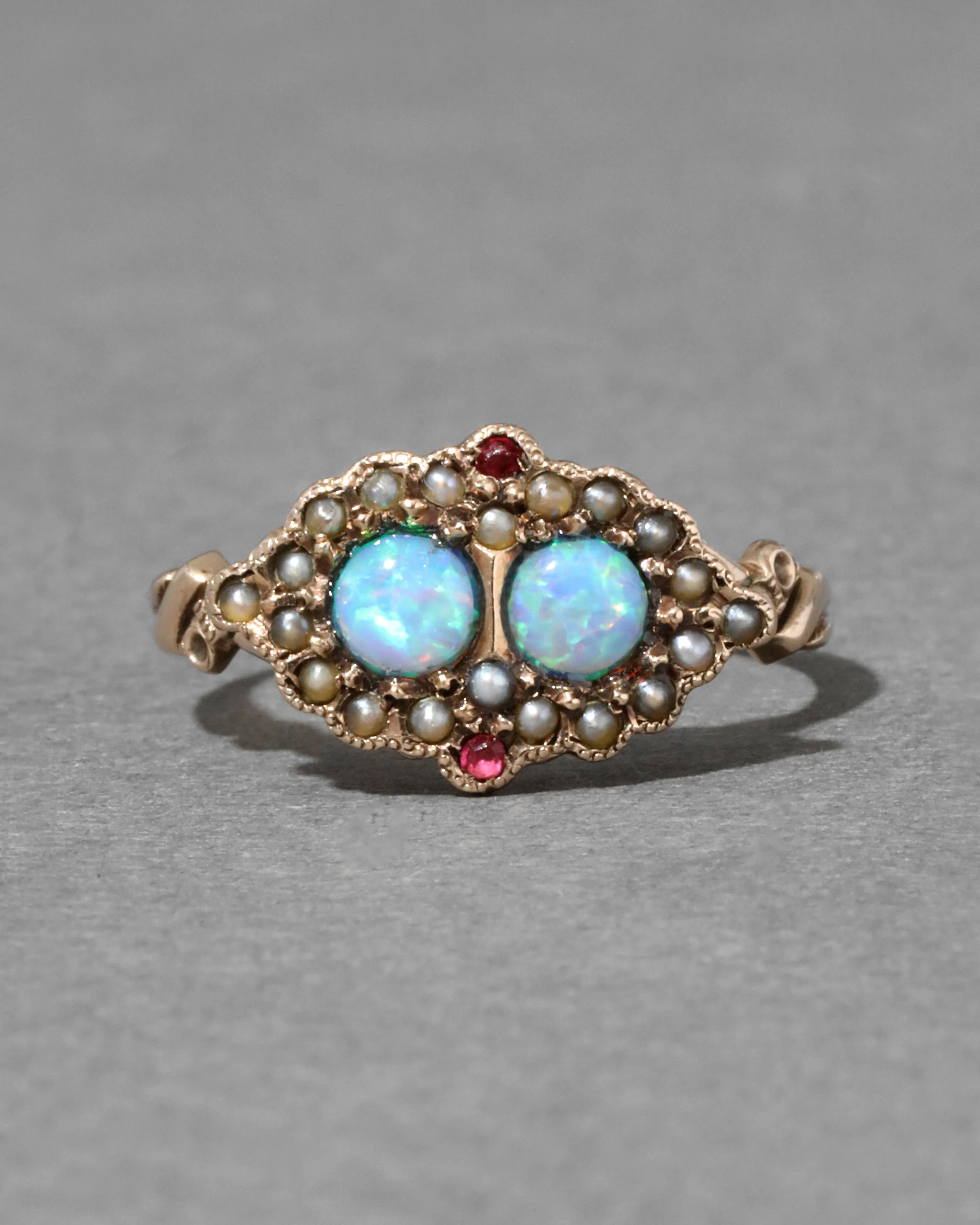 Antique 1800s 14k Gold with Natural Opals Surrounded by Seed Pearl & Ruby Ring sold by Alexis Bittar
