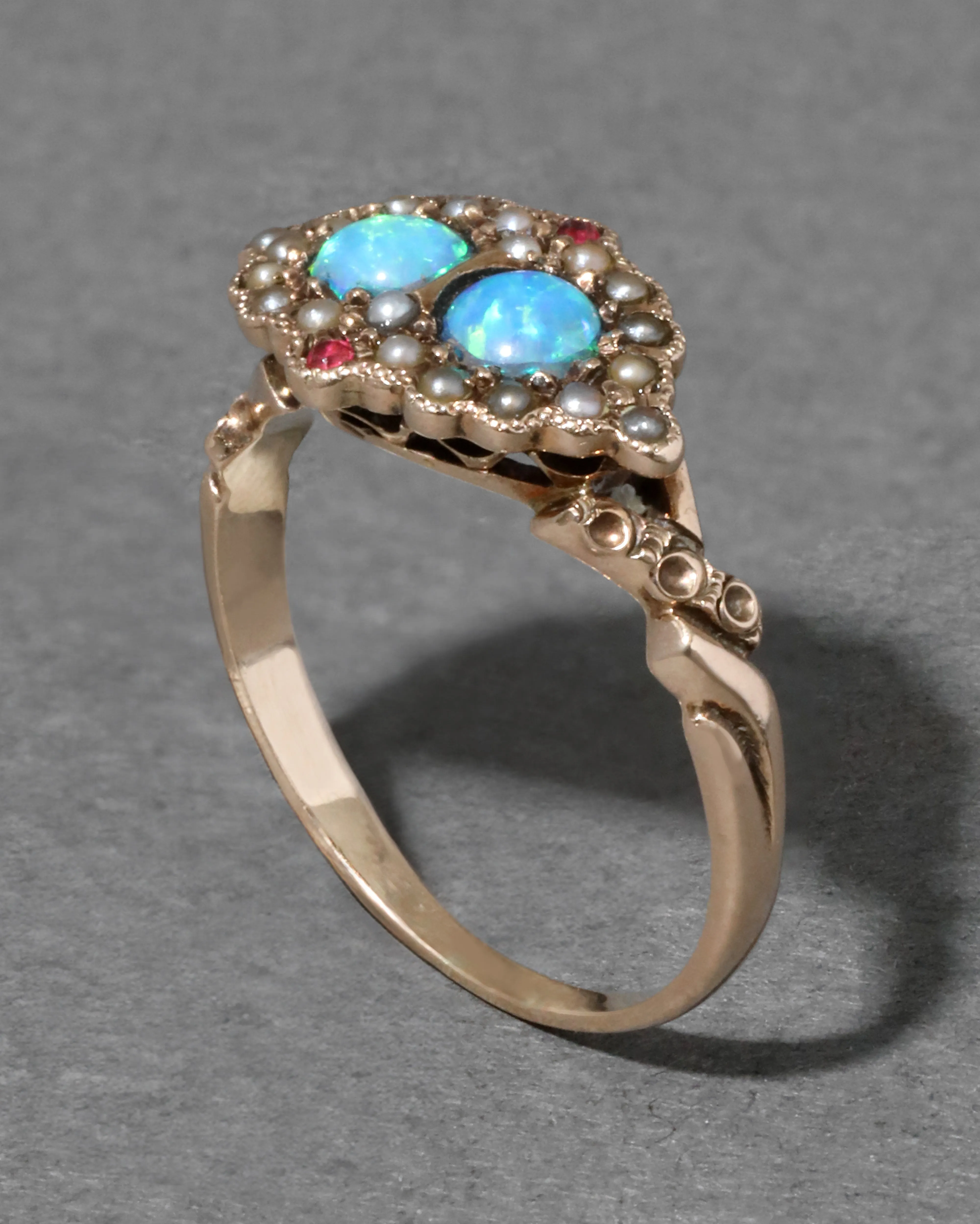 Antique 1800s 14k Gold with Natural Opals Surrounded by Seed Pearl & Ruby Ring sold by Alexis Bittar product image thumbnail 2