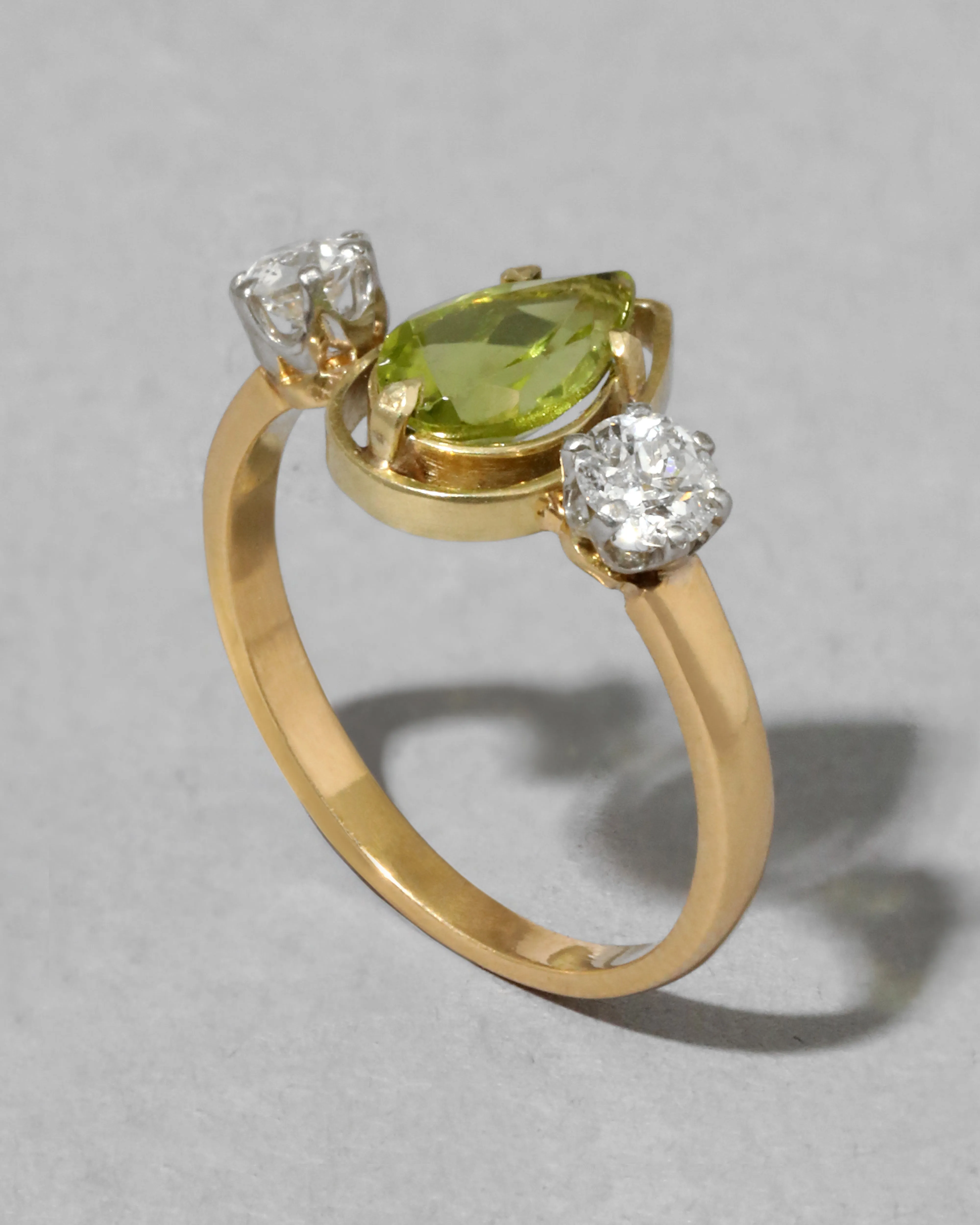Antique Early 1900s 14k Gold & 18k Gold with Pear Cut Framed Peridot with Platinum Set Diamond Ring sold by Alexis Bittar product image thumbnail 2