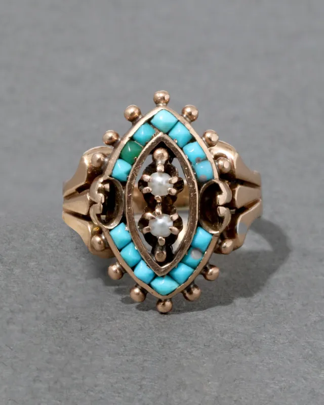 Antique 1800s 14k Gold with Persian Turquoise Surrounding Natural Seed Pearls in Architectural Design Ring sold by Alexis Bittar