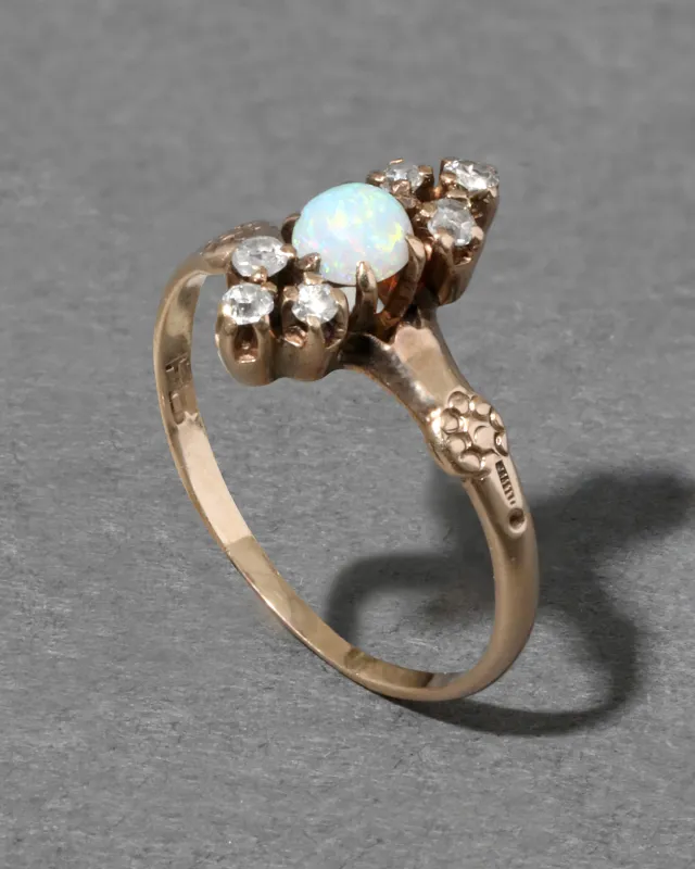 Antique Victorian 1800s 10k Gold with Natural Opal & Diamonds in Floral Shank Ring sold by Alexis Bittar