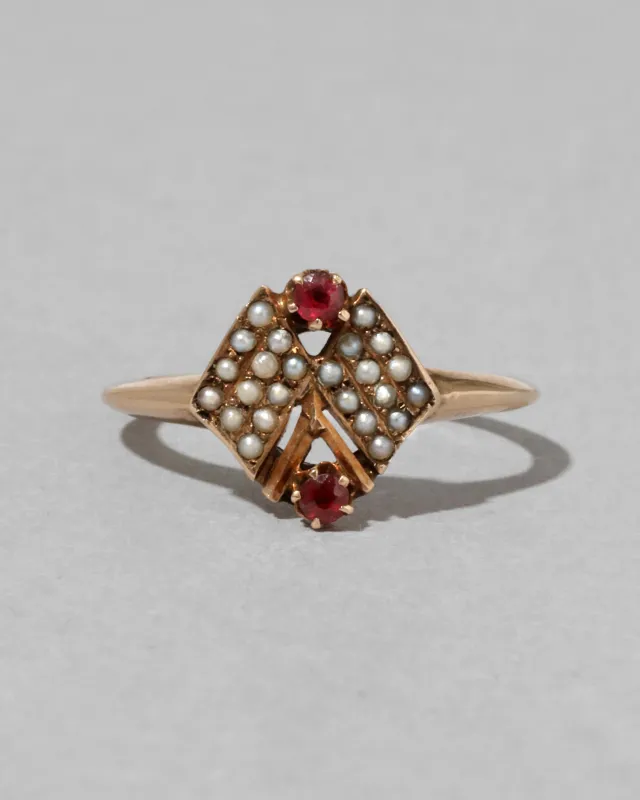 Antique 1800s 14k Gold with Natural Pearl & Garnet Geometric Design Ring sold by Alexis Bittar