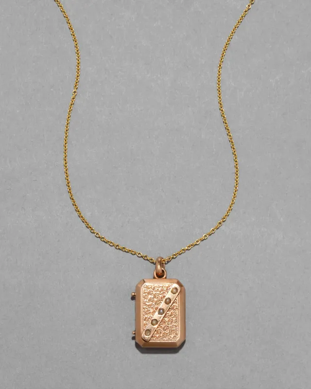 Antique 1800s 14k Rose Gold Book with Natural Pearl Locket Necklace sold by Alexis Bittar