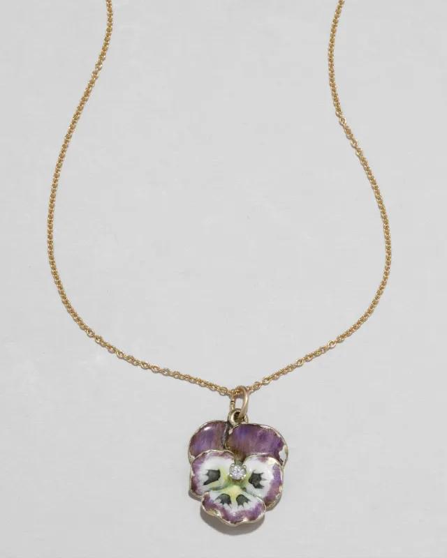 Antique 1800s 14k Gold Handmade Enamel Pansy with Diamond Pendant Necklace sold by Alexis Bittar
