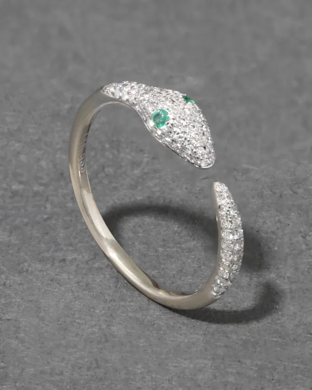 Vintage 14k White Gold with Diamond Pave Snake Ring with Emerald Eyes sold by Alexis Bittar