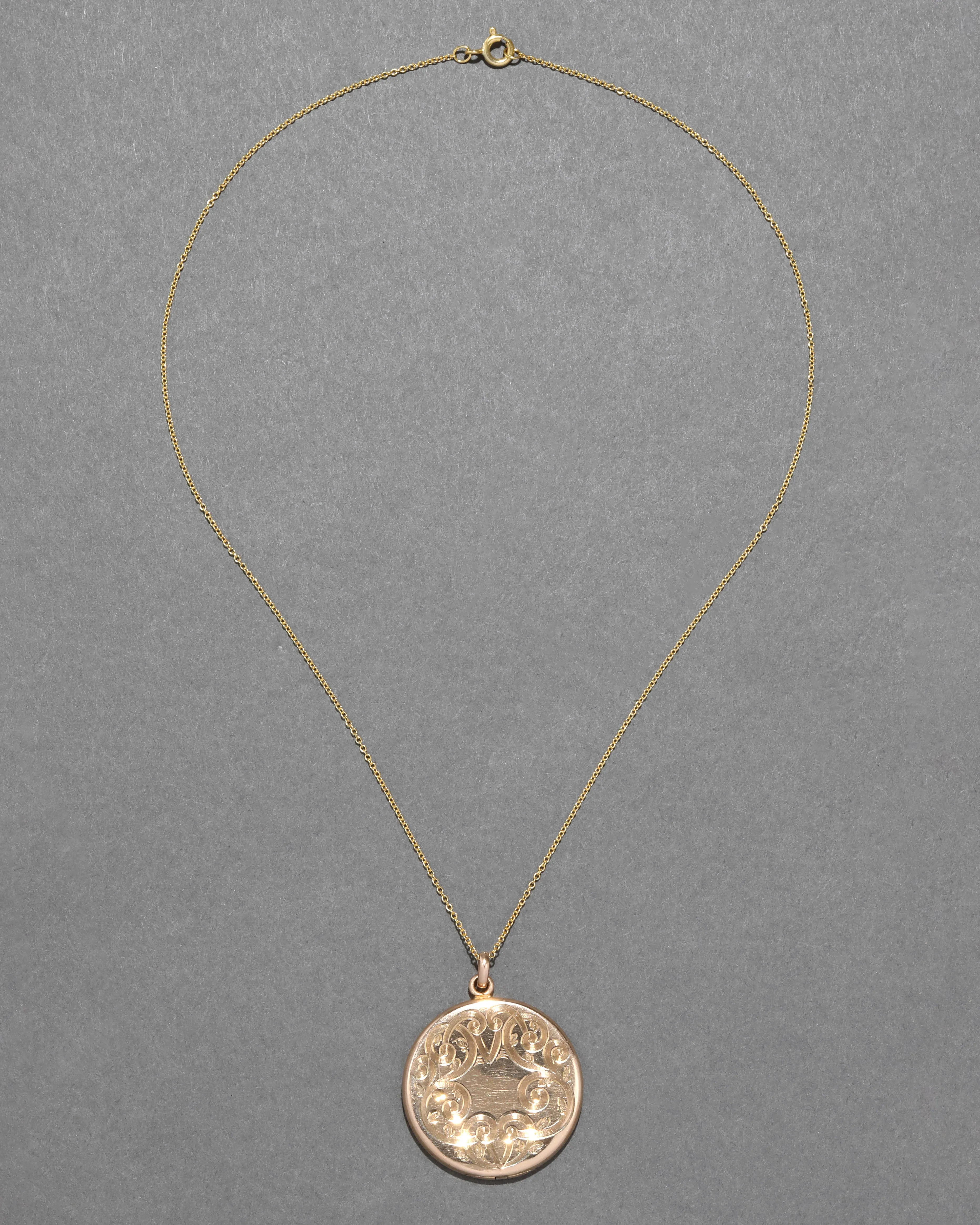 Antique 1880s 14k Gold Fill Hand Etched Swirl Locket Necklace sold by Alexis Bittar product image thumbnail 2