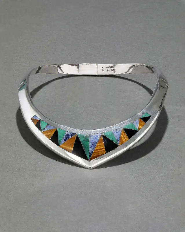 Vintage 1980s Sterling Silver with Malachite, Lapis, Cats Eye, Onyx Inlay Collar Necklace sold by Alexis Bittar