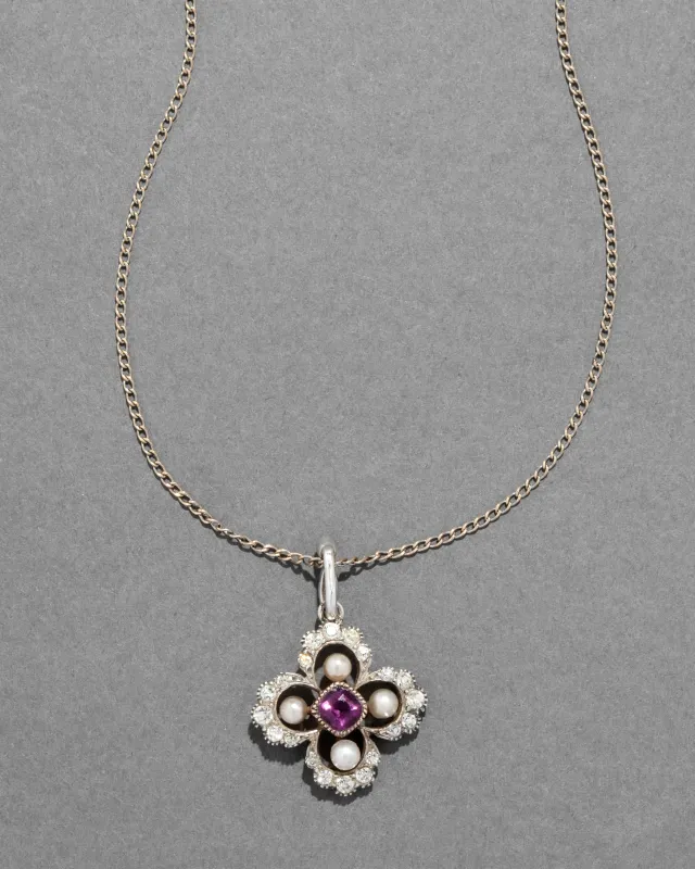 Antique Late 1800s Sterling Silver with Early Paste, Amethyst, & Pearl Pendant Necklace sold by Alexis Bittar