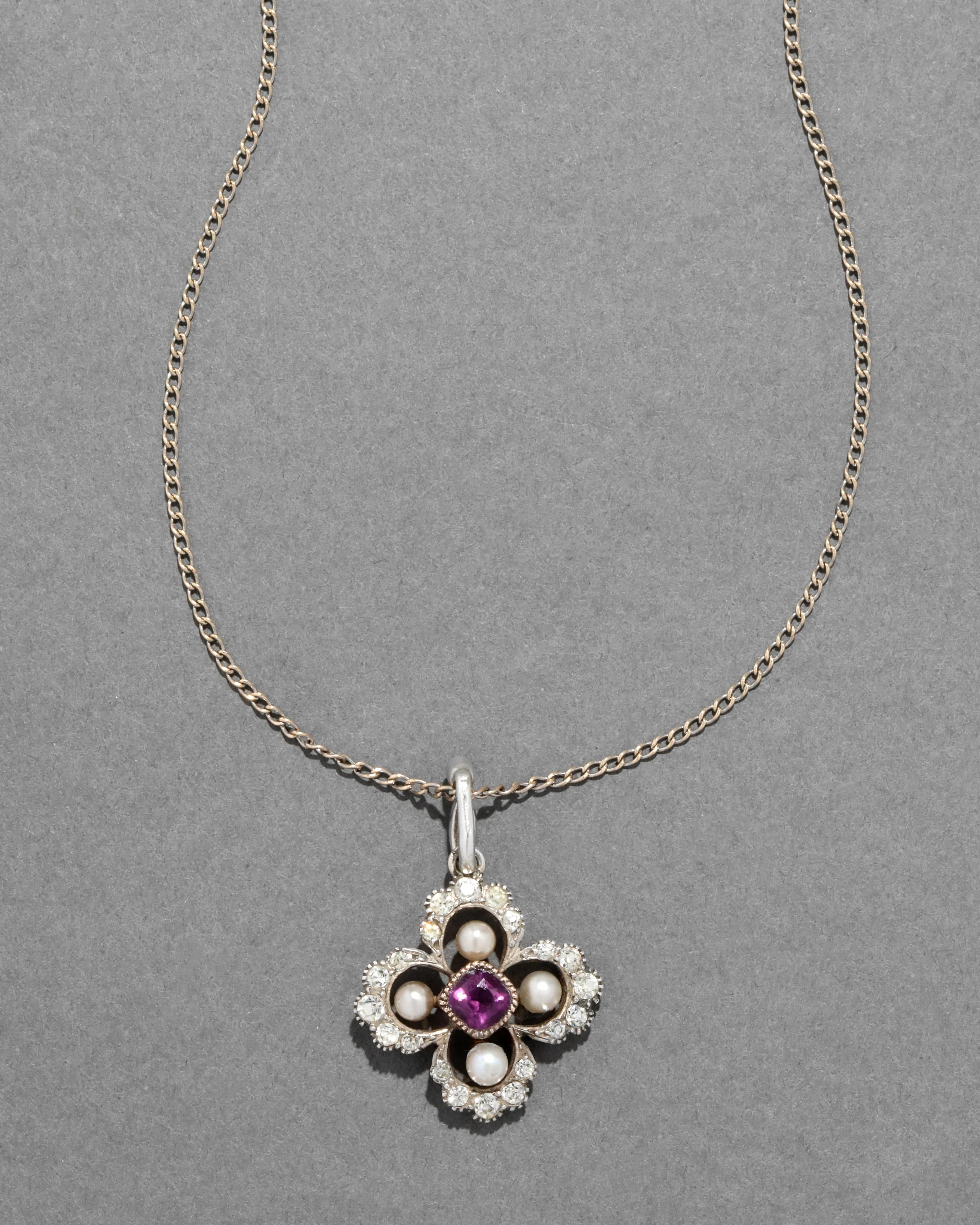 Antique Late 1800s Sterling Silver with Early Paste, Amethyst, & Pearl Pendant Necklace sold by Alexis Bittar