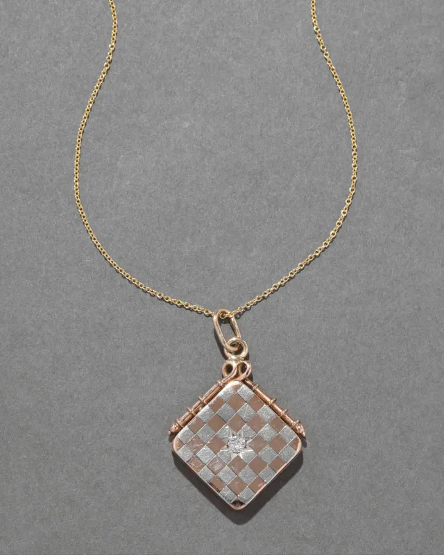 Vintage 14k Rose Gold & White Gold Two Tone Checkerboard with Diamond Locket Necklace sold by Alexis Bittar