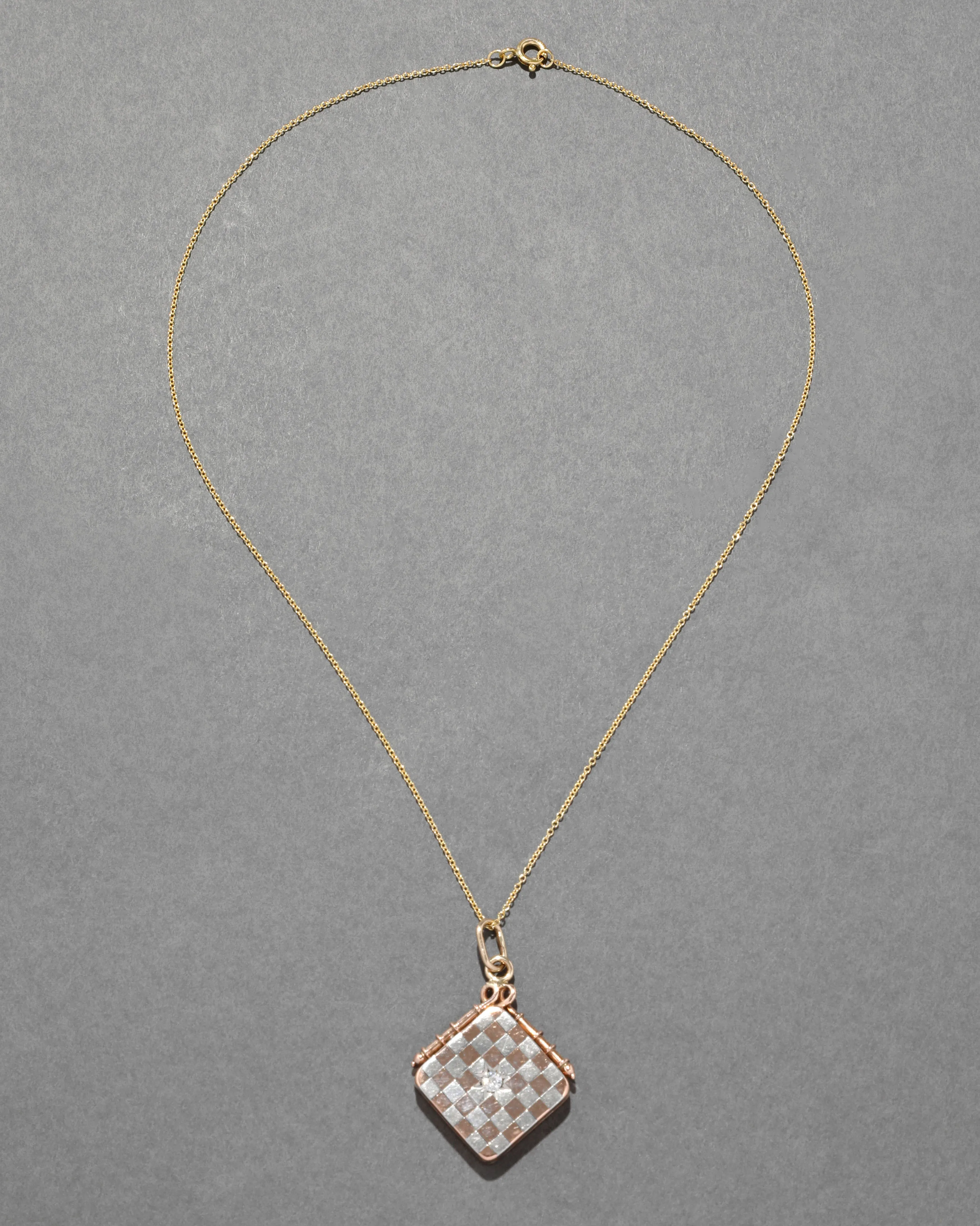 Vintage 14k Rose Gold & White Gold Two Tone Checkerboard with Diamond Locket Necklace sold by Alexis Bittar product image thumbnail 2