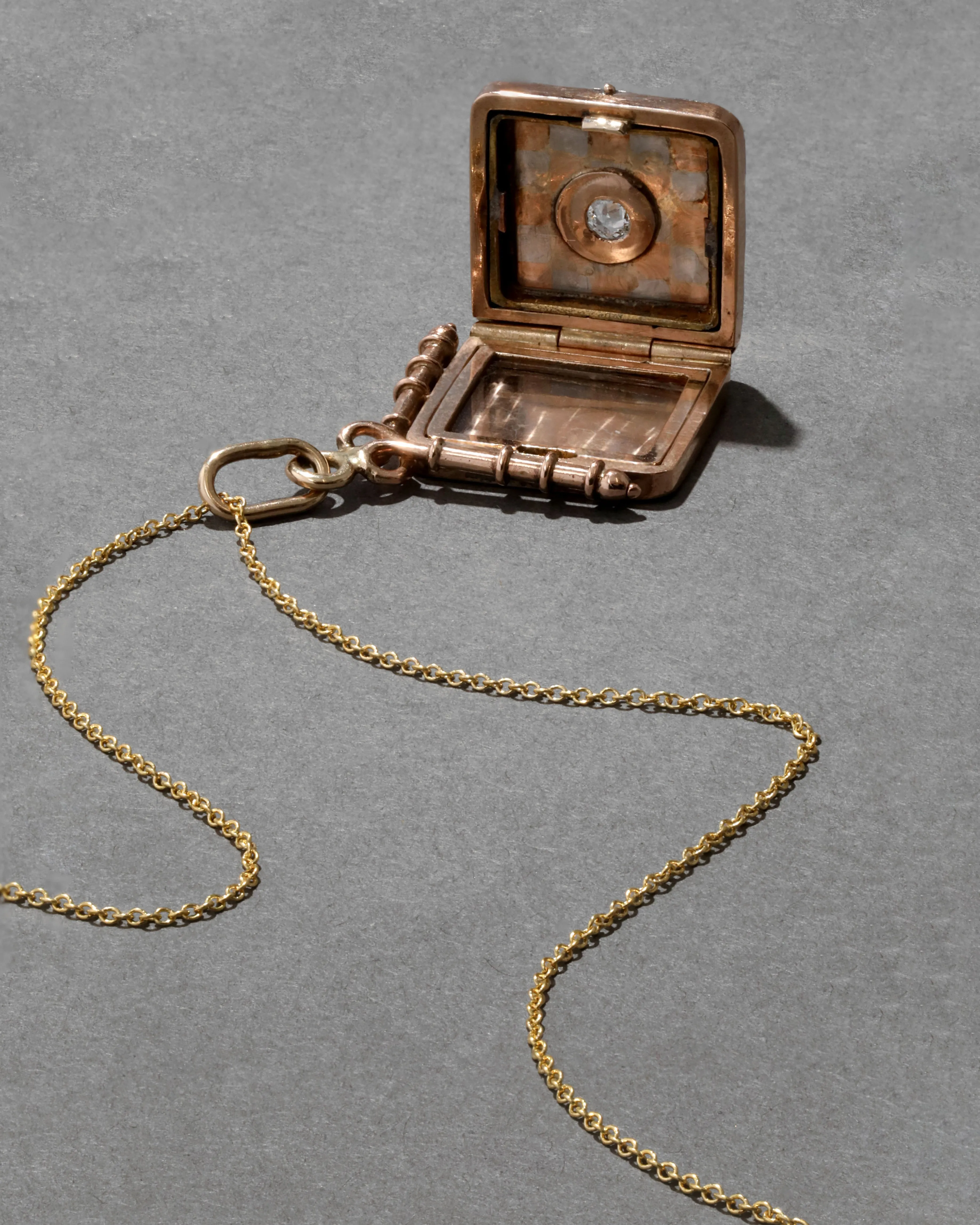 Vintage 14k Rose Gold & White Gold Two Tone Checkerboard with Diamond Locket Necklace sold by Alexis Bittar product image thumbnail 3