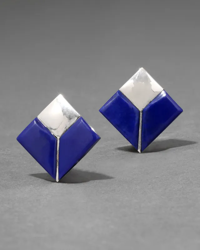 Vintage 1970s Sterling Silver with Lapis Cubist Clip Earring made by Alexis Bittar