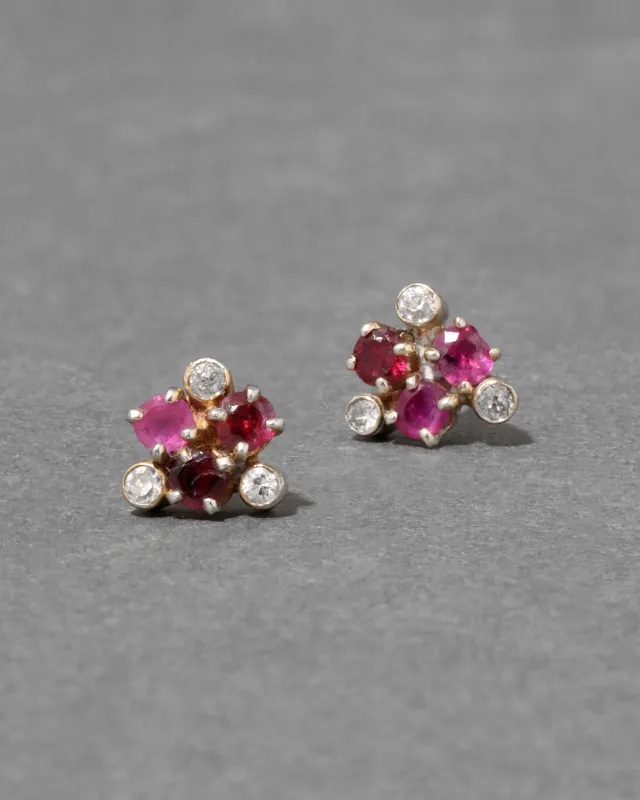 Vintage 1950s 14k Gold with Ruby & Diamond Cluster Stud Earring sold by Alexis Bittar