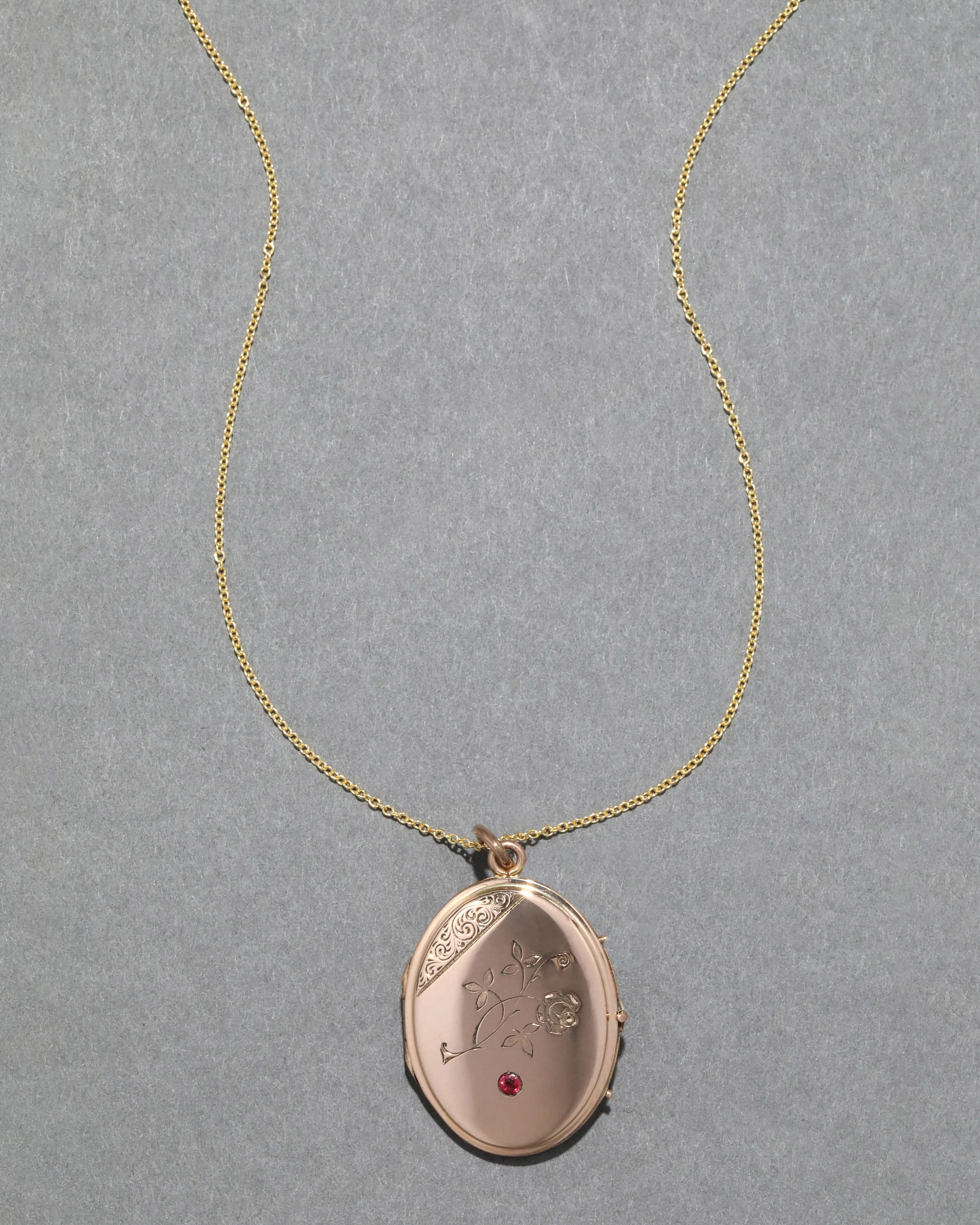 Antique 1800s 14k Gold with Ruby Hand Etched Floral Locket Necklace sold by Alexis Bittar