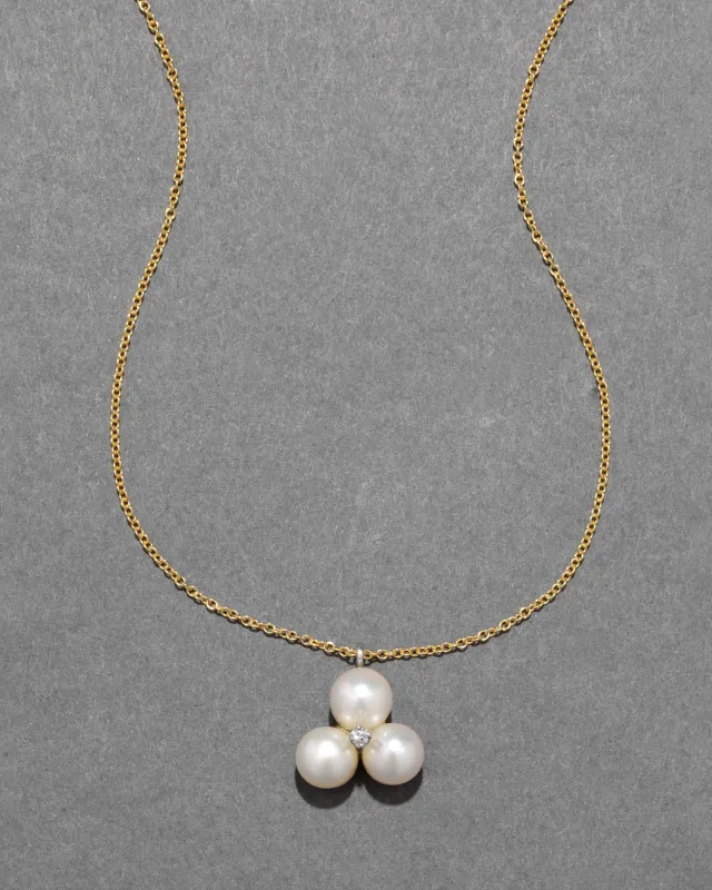 Vintage 1970s White Gold with Triple Pearl & Diamond Pendant Necklace sold by Alexis Bittar