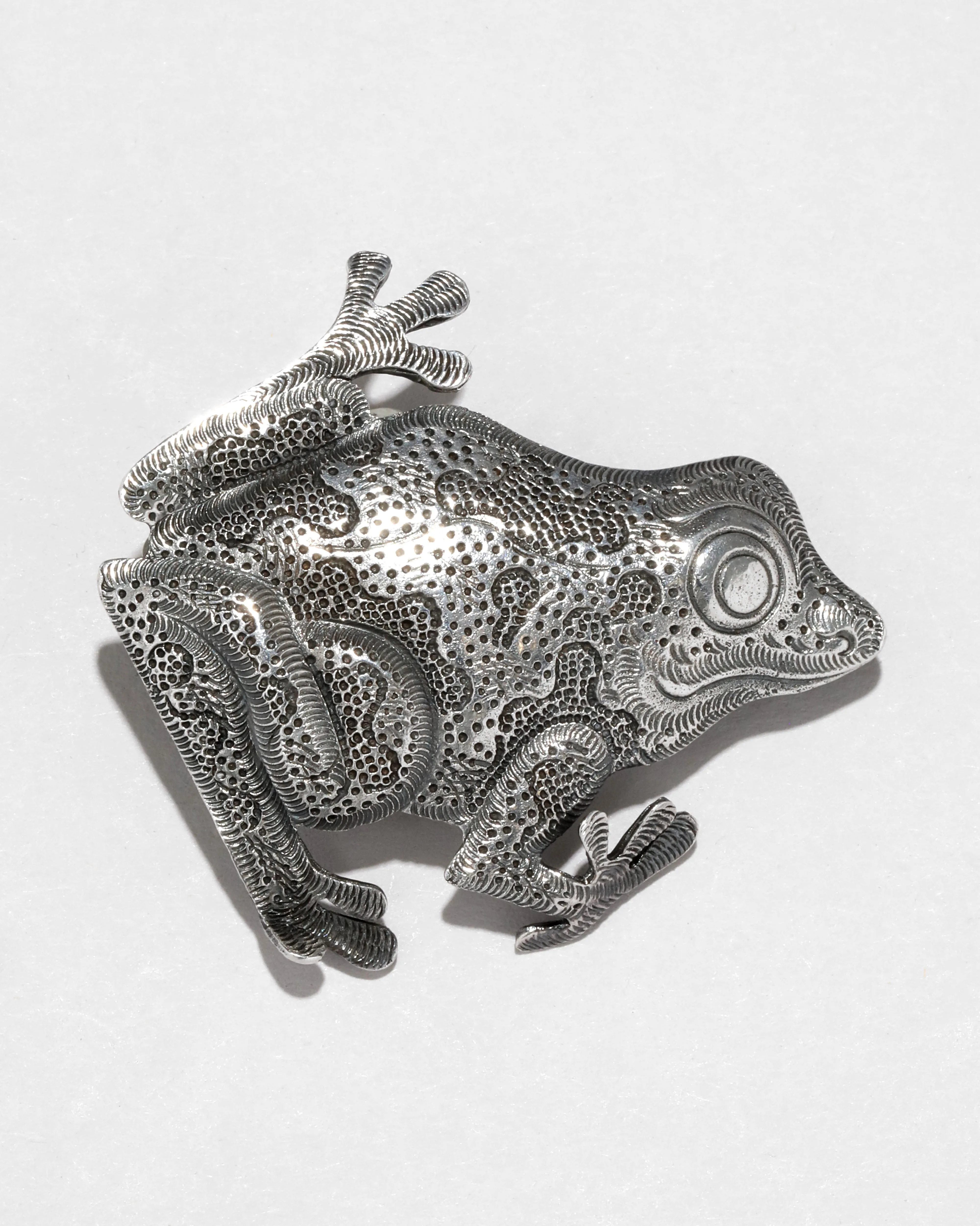 Antique 1910s Sterling Silver Handmade Etched Frog Pin sold by Alexis Bittar