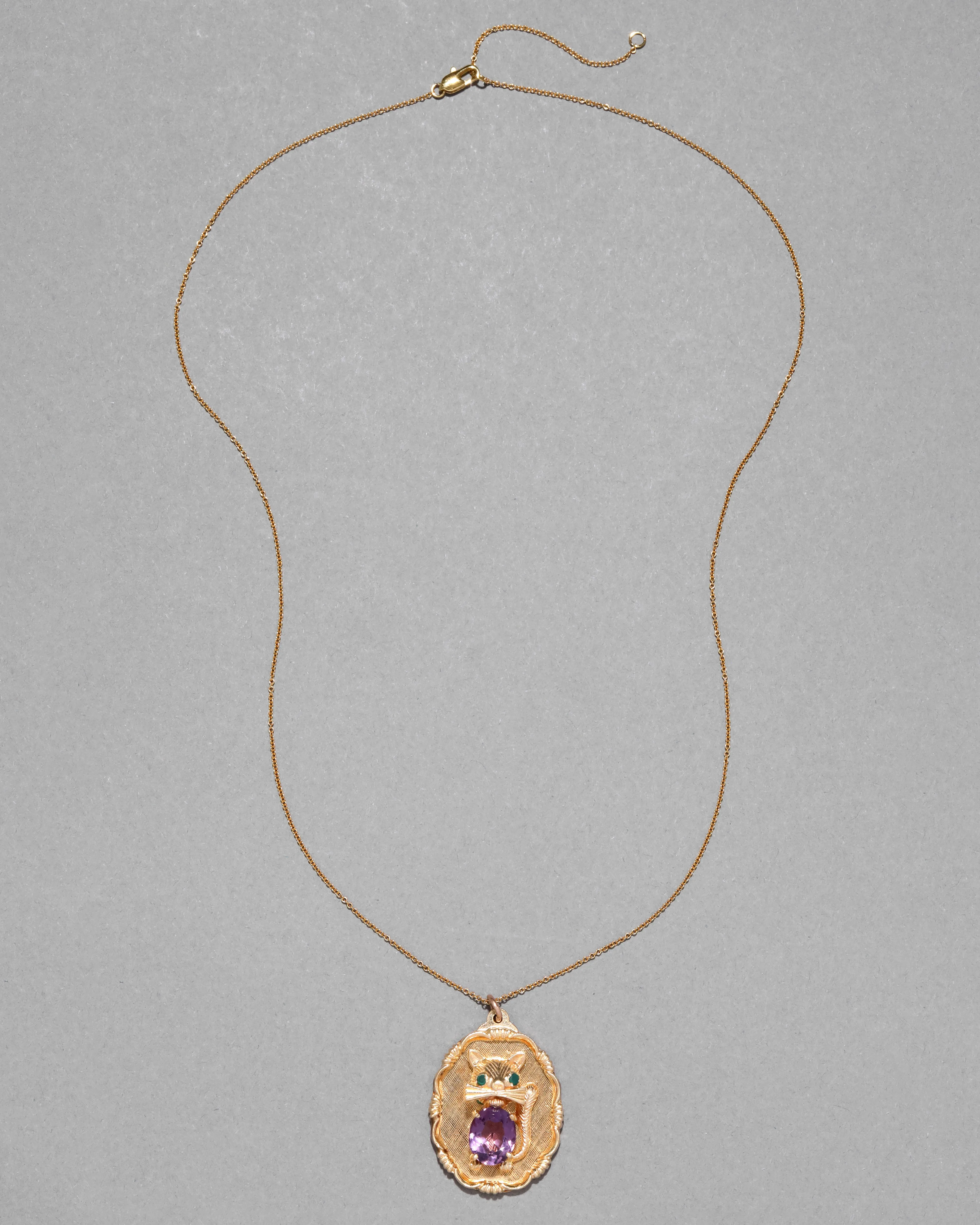 Vintage 1980s 14k Gold with Emerald & Faceted Amethyst Kitschy Cat Pendant Necklace sold by Alexis Bittar product image thumbnail 2