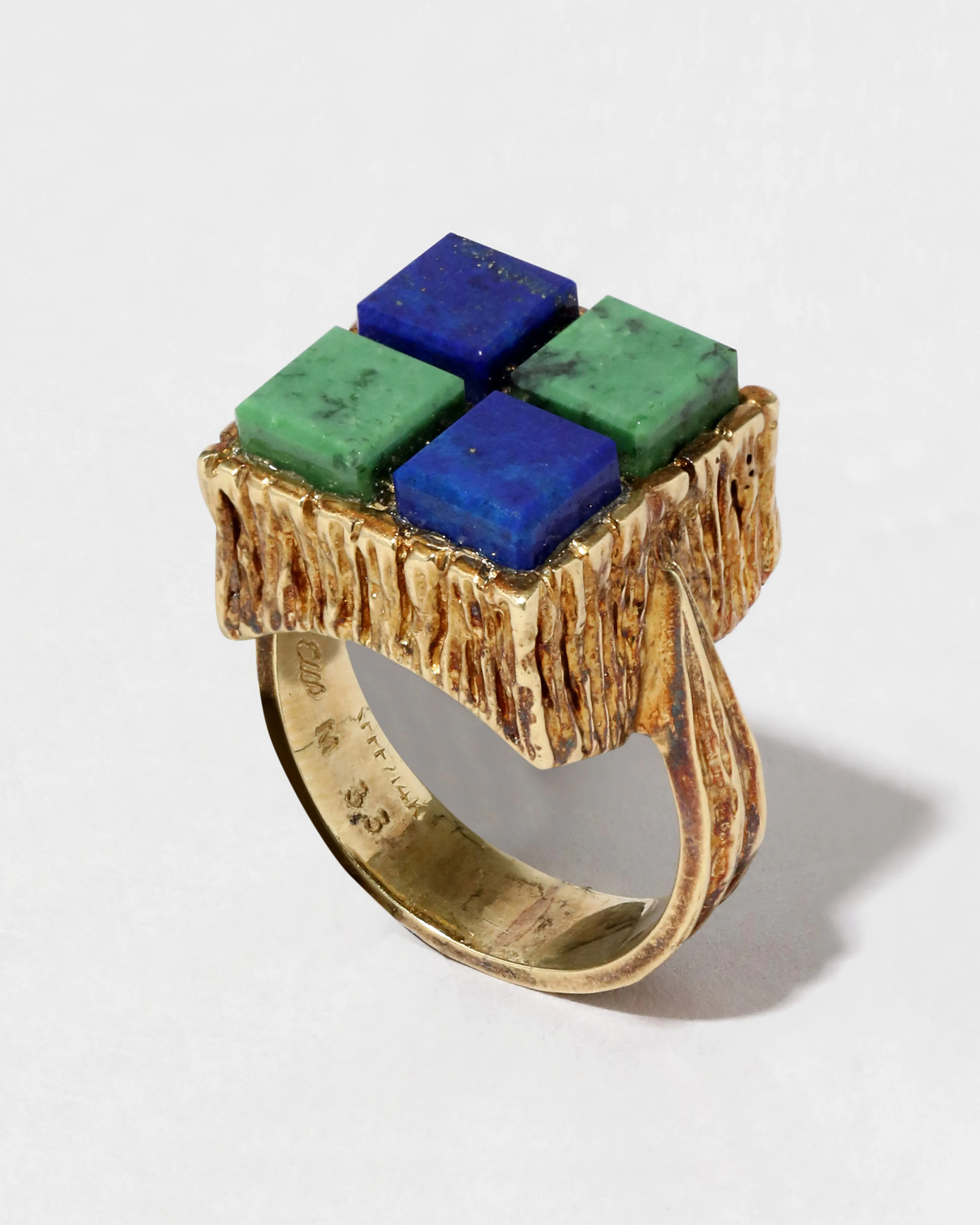 Vintage 1960s 14k Gold Felger Modernist High Set Lapis & Green Turquoise Ring sold by Alexis Bittar