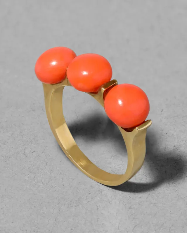 Vintage 1960s 10k Gold with Coral Cabachon Trio Ring sold by Alexis Bittar