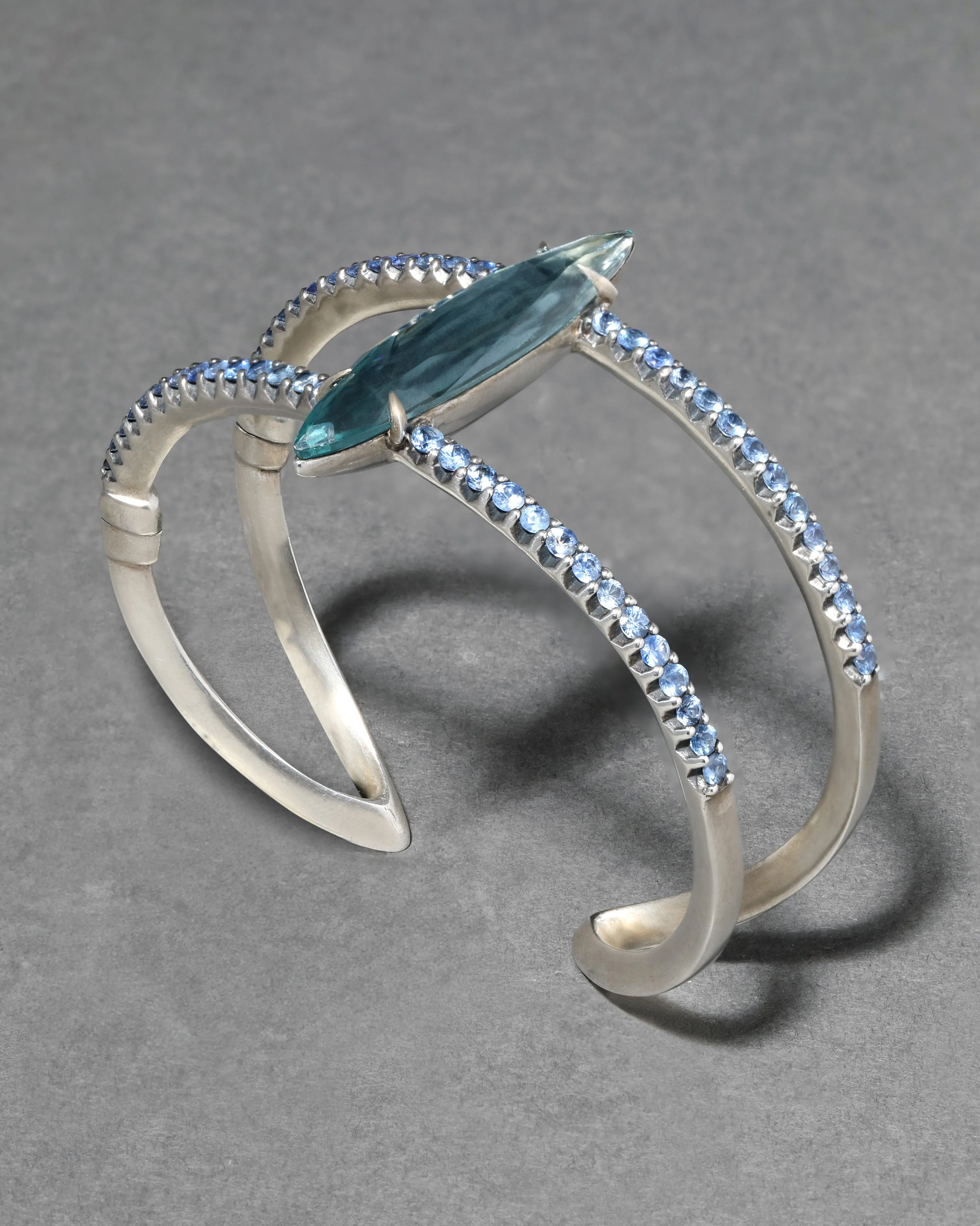 Archive Fine Sterling Silver Fancy Cut Quartz with Blue Sapphire Hinged Cuff Bracelet sold by Alexis Bittar product image thumbnail 2