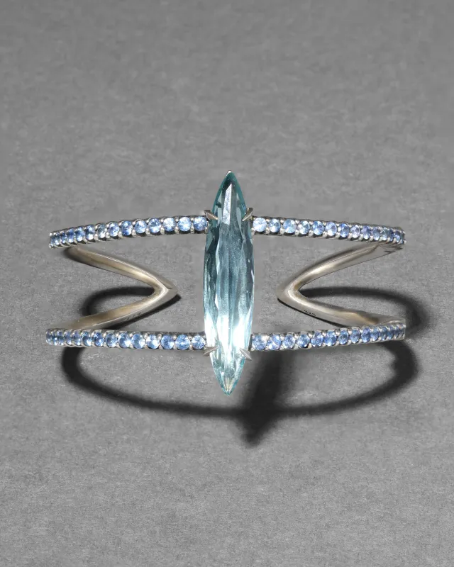 Archive Fine Sterling Silver Fancy Cut Quartz with Blue Sapphire Hinged Cuff Bracelet sold by Alexis Bittar